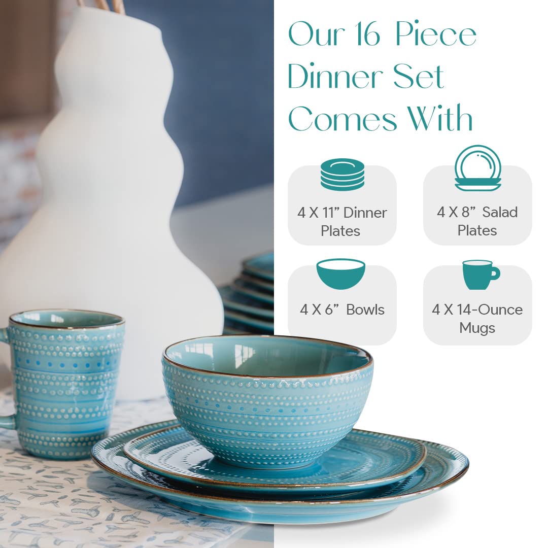 American Atelier 16-Piece Teal Stoneware Dinnerware Set - Includes Dinner Plates, Salad Plates, Bowls, Mugs