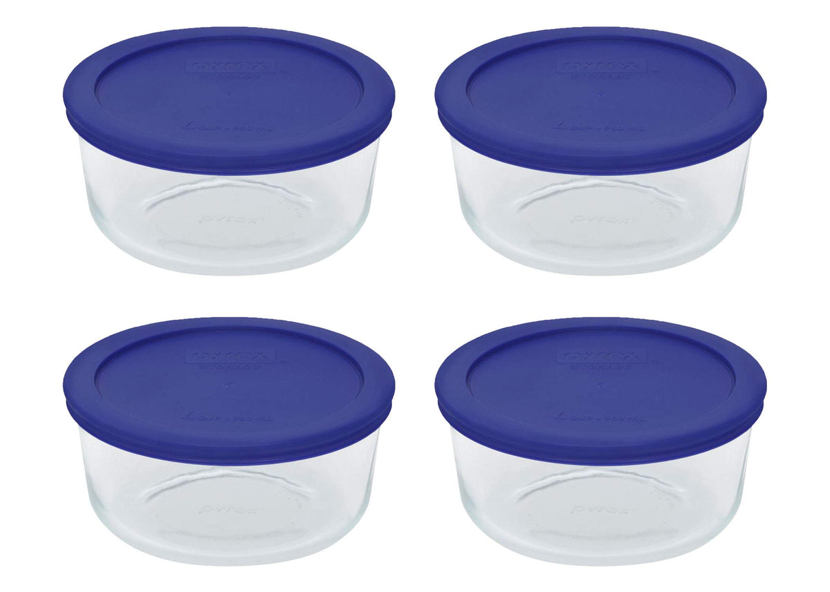 Pyrex Storage 4 Cup Round Dish, Clear With Blue Lid - Original Genuine Pyrex - Pack Of 4 Containers
