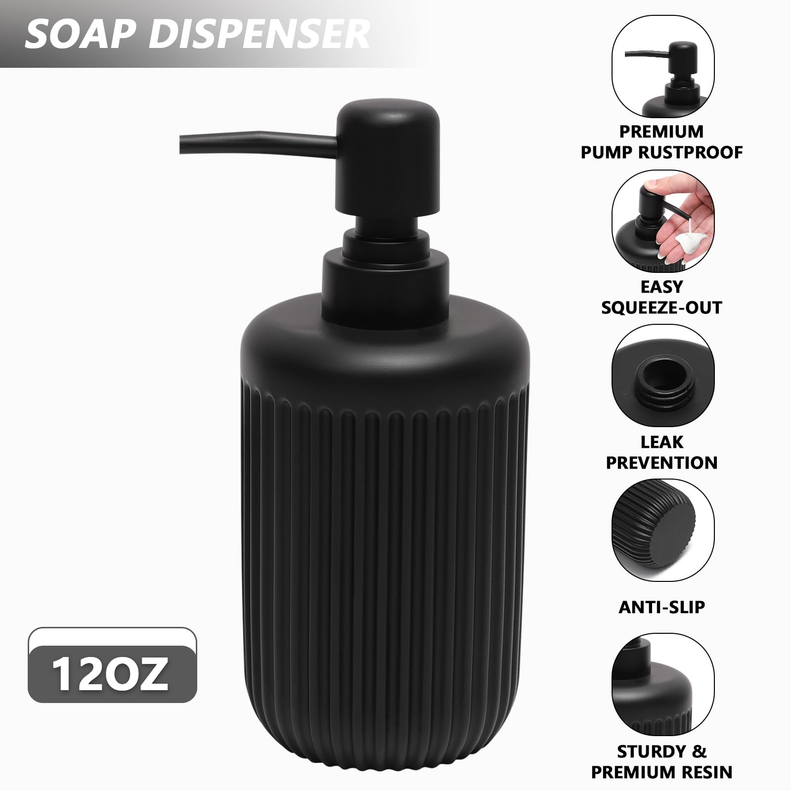 Resin Matte Black Bathroom Accessories Set 5 Pcs, Lotion Soap Dispenser, Toothbrush Holder, Bathroom Tumbler, Qtip Holder And Va