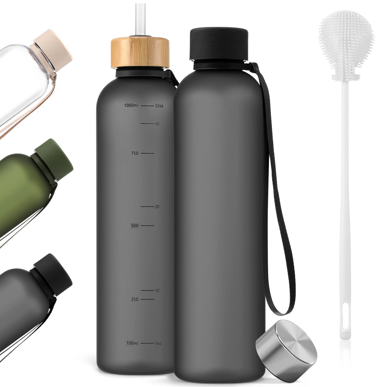 Reallnaive 32oz Slim Water Bottle [Lightweight & Shatterproof] with Straw and 2 Lids, Stainless Steel Lid & Bamboo Straw Lid for