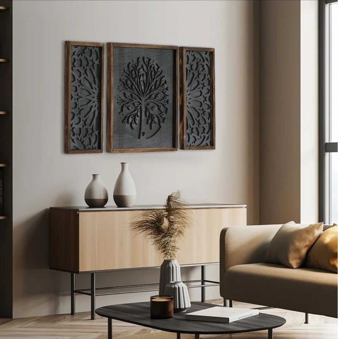 Upzing Decor Life Tree Wooden Set Of 3 Life Tree Wooden Wall Panel Set 3 Wall Hangings,Bedroom Carving Panel Aesthetic Style, Ma