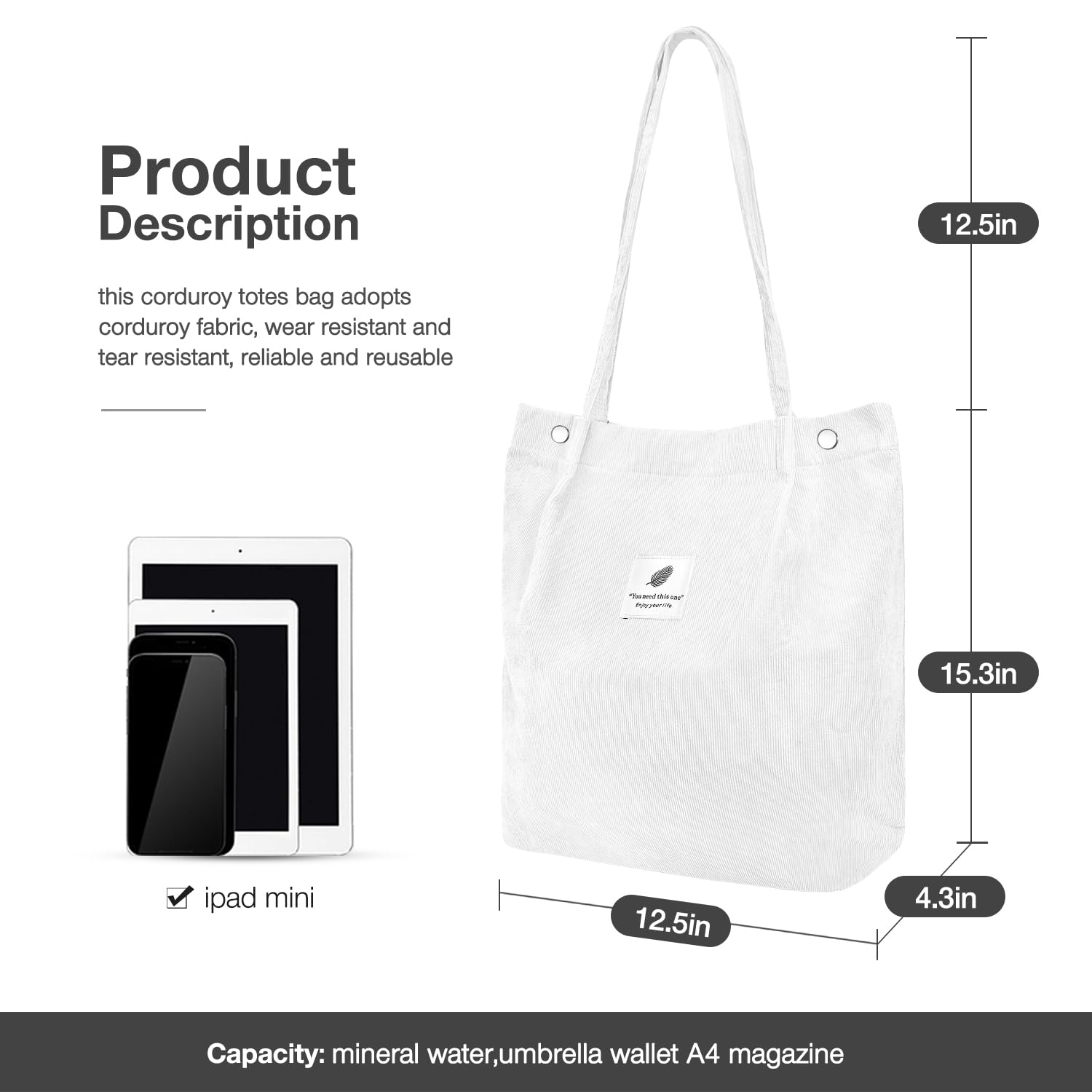 Lhmtqvk Corduroy Tote Bags For Women, Large Capacity Corduroy Bag Reusable Grocery Shoulder Bag With Inner Pockets (White)