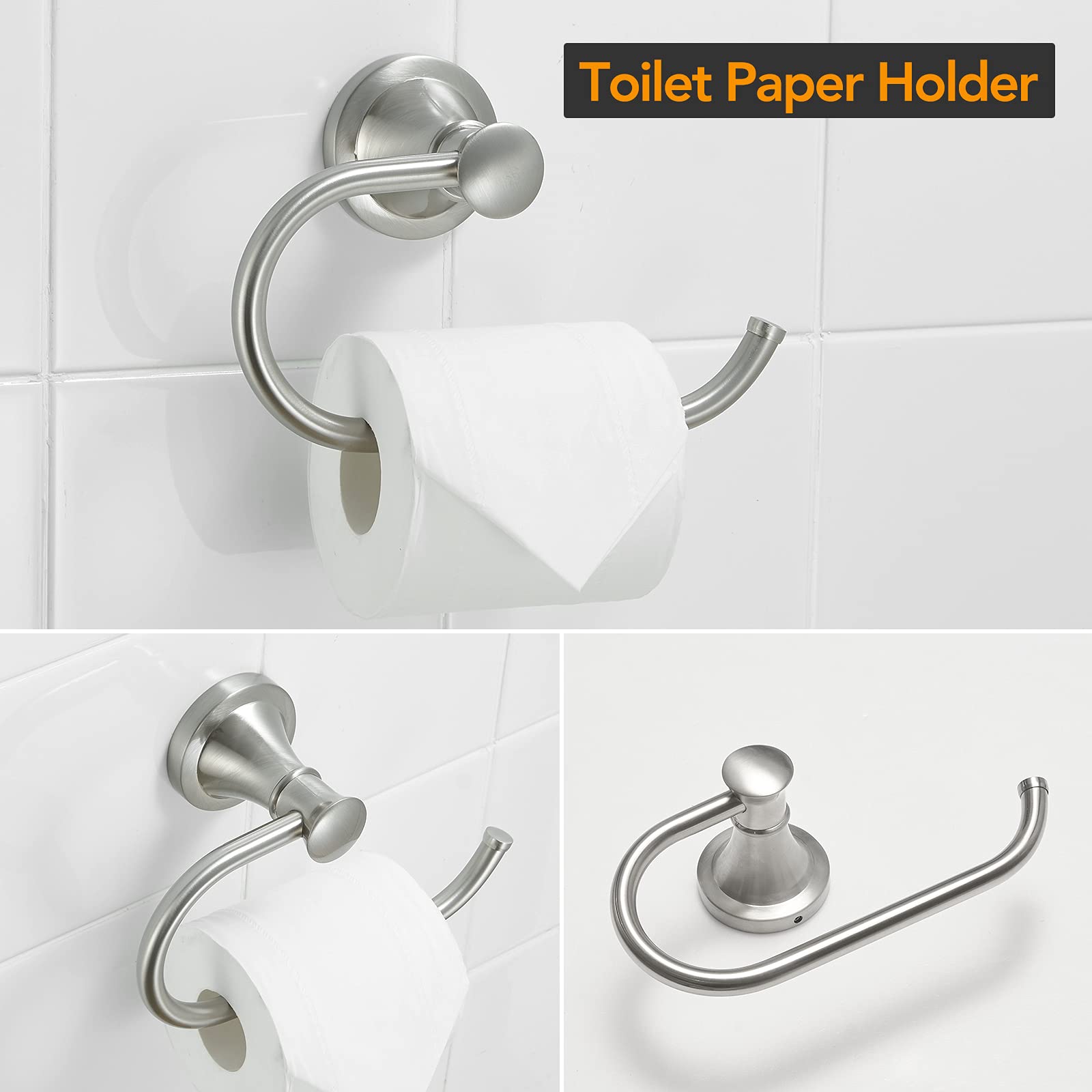 BESy Brushed Nickel 4 Piece Bathroom Accessories Set (Single Towel Bar  Towel Ring  Toilet Paper Holder  Double Towel Hooks)  Wall Mounted Bath Hardware Accessory Fixtures Rack Set