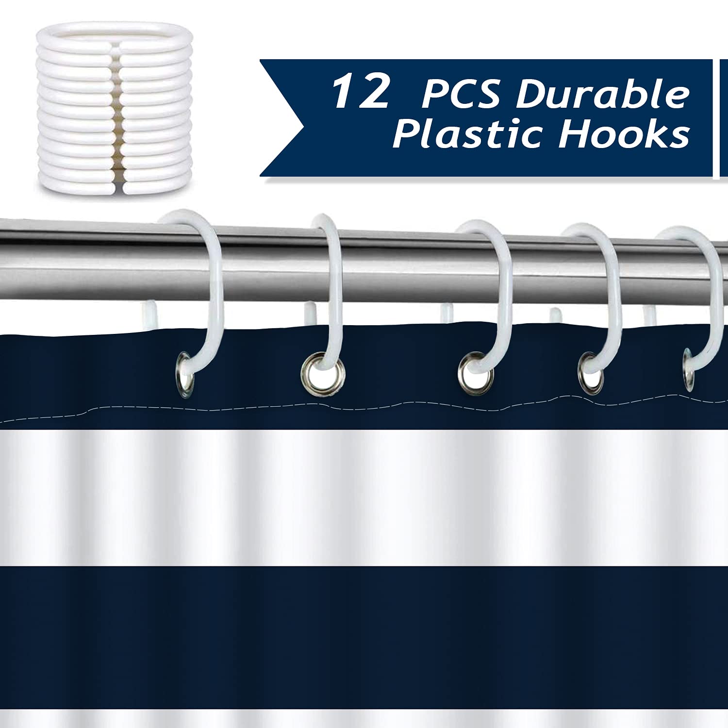 Bonhause Nautical Stripe Shower Curtain Anchor Navy Blue Decorative Bath Curtain 72 X 84 Inch Polyester Fabric Waterproof Bathro
