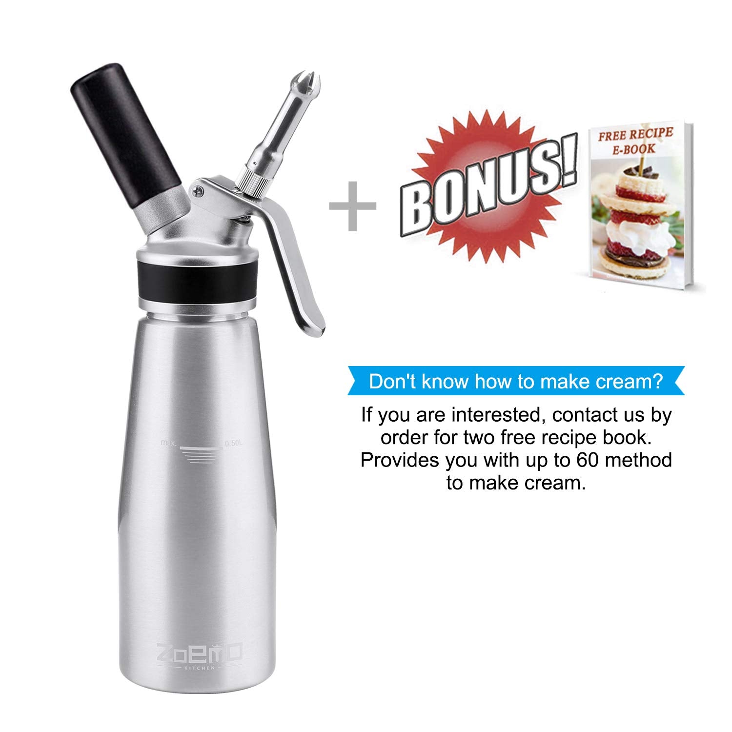 Profesional Whipped Cream Dispenser - Ugraded Full Metal Cream Whipper Canister, W/Durable Metal Body & Head With 3 Stainless St