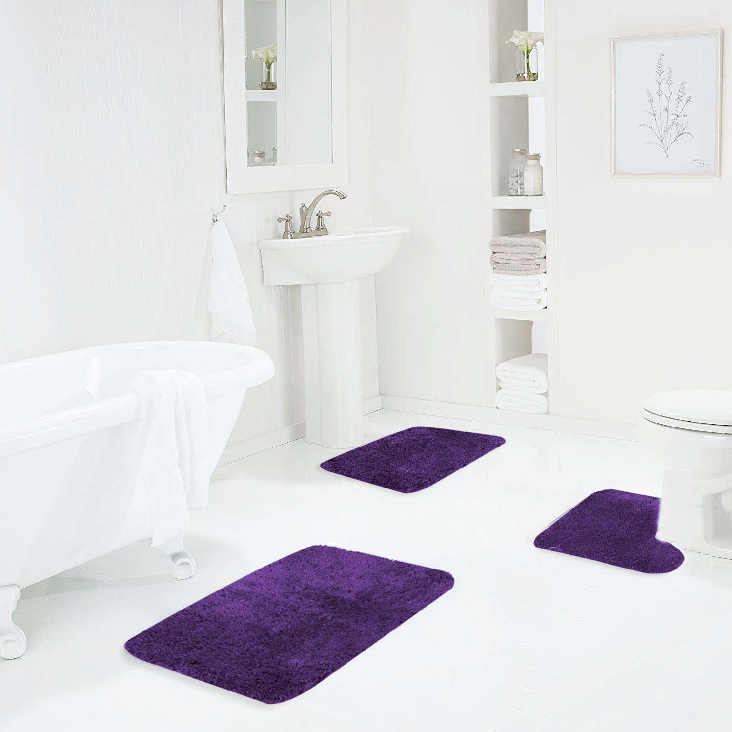 Walensee Shaggy 2 Piece Bath Rug Sets (Dark Purple) 20 X 24 U Shape Contour Rug & 20 X 32 Bathroom Rug Machine Wash/Dry Bath Mat