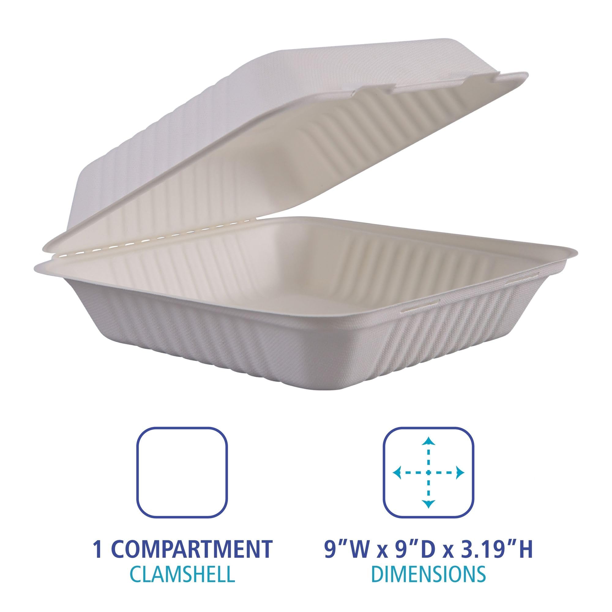 Boardwalk Hingewf1Cm9 Bagasse Molded Fiber Food Containers 9 X 9 White 1-Section 100/Sleeve 2 Slv/Ct