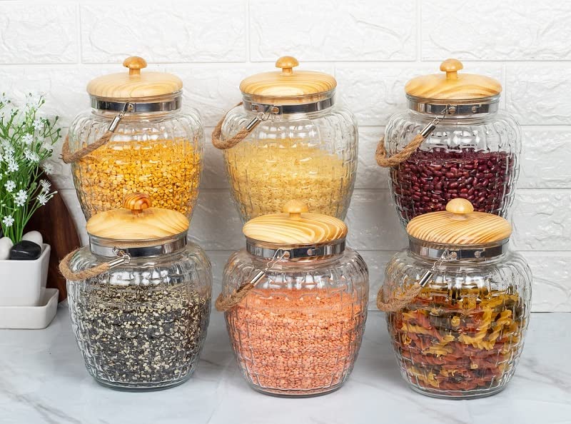 Femora Kitchen Storage Jars Embossed Glass Jar With Wooden Lid & Jute Chain Air Tight Jar, 500 ML, Pack of 6