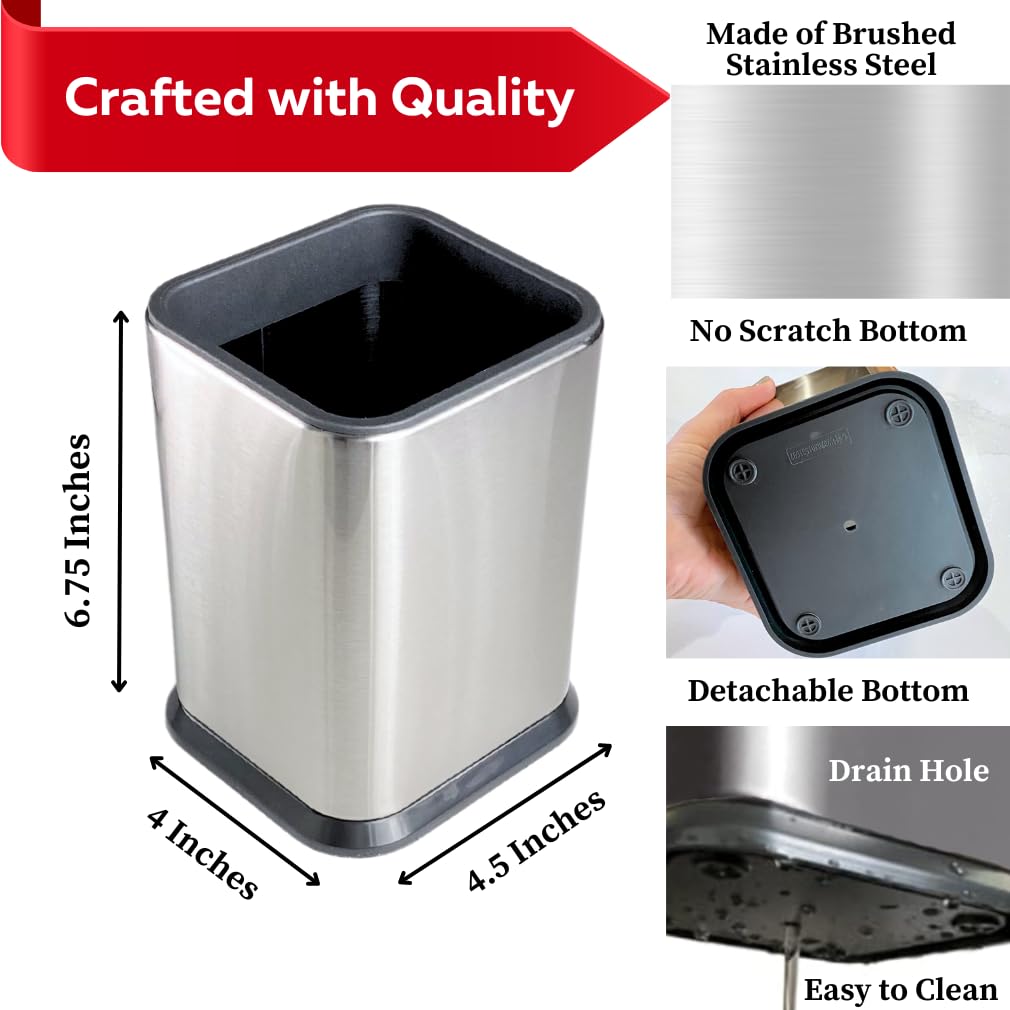 Evelots Stainless Steel Kitchen Utensil Holder For Countertop, 6.75 Inch Tall Cooking Utensil Crock Can Store Up To 15 Big Utens