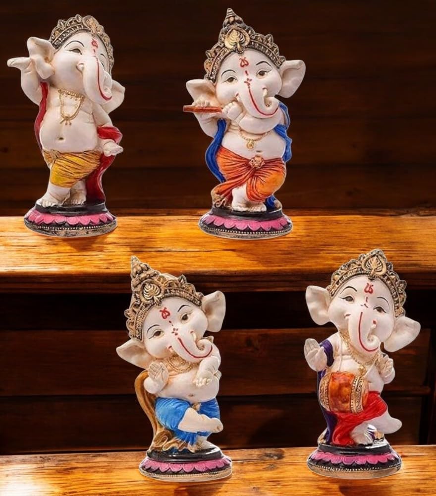 Srimaa Ventures Traditional Dancing Ganpati Figurine || Decorative Ganesha Idol For Home, Pooja Room, Gifting (Set Of 4, Multico