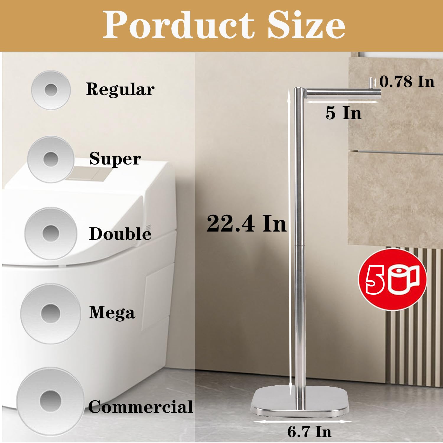 Vanloory Toilet Paper Holder Stand, Free Standing Tissue Paper Storage For Bathroom, Stainless Steel Toilet Paper Stand With Res