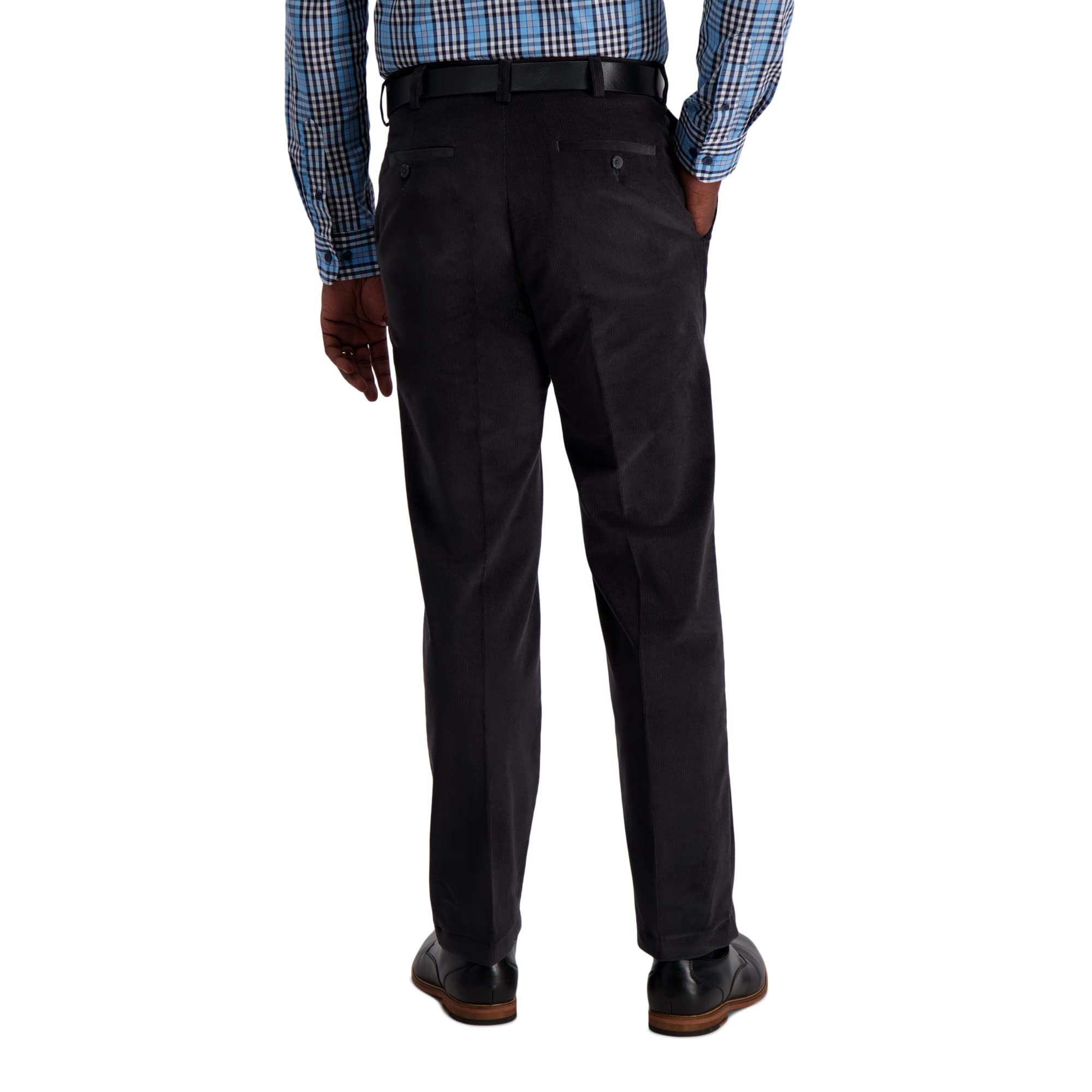 Haggar Mens Stretch Corduroy Expandable Waist Classic Fit Flat Front Casual Pants, Dark Grey, 34W X 30L Us