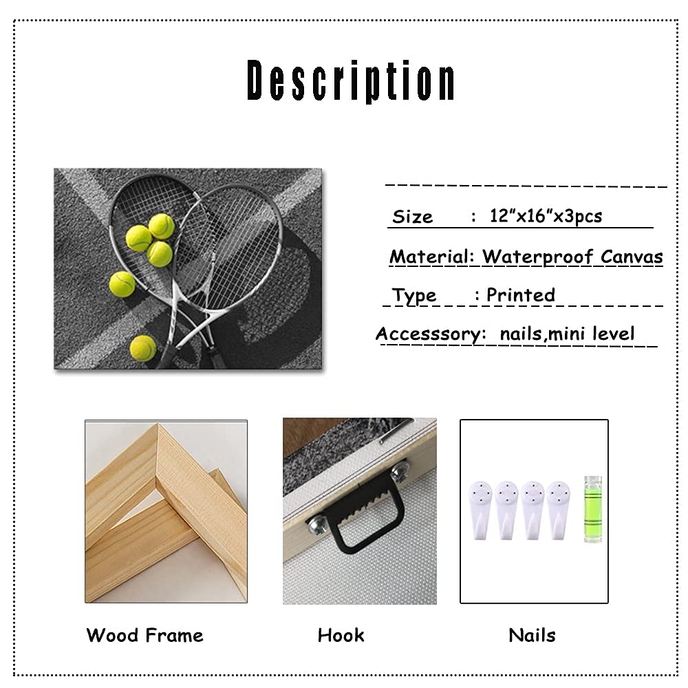 Derkymo 3 Pieces Tennis Pictures Artwork Black And White Canvas Wall Art Sport Theme Prints Framed For Tennis Club Gym Wall Deco