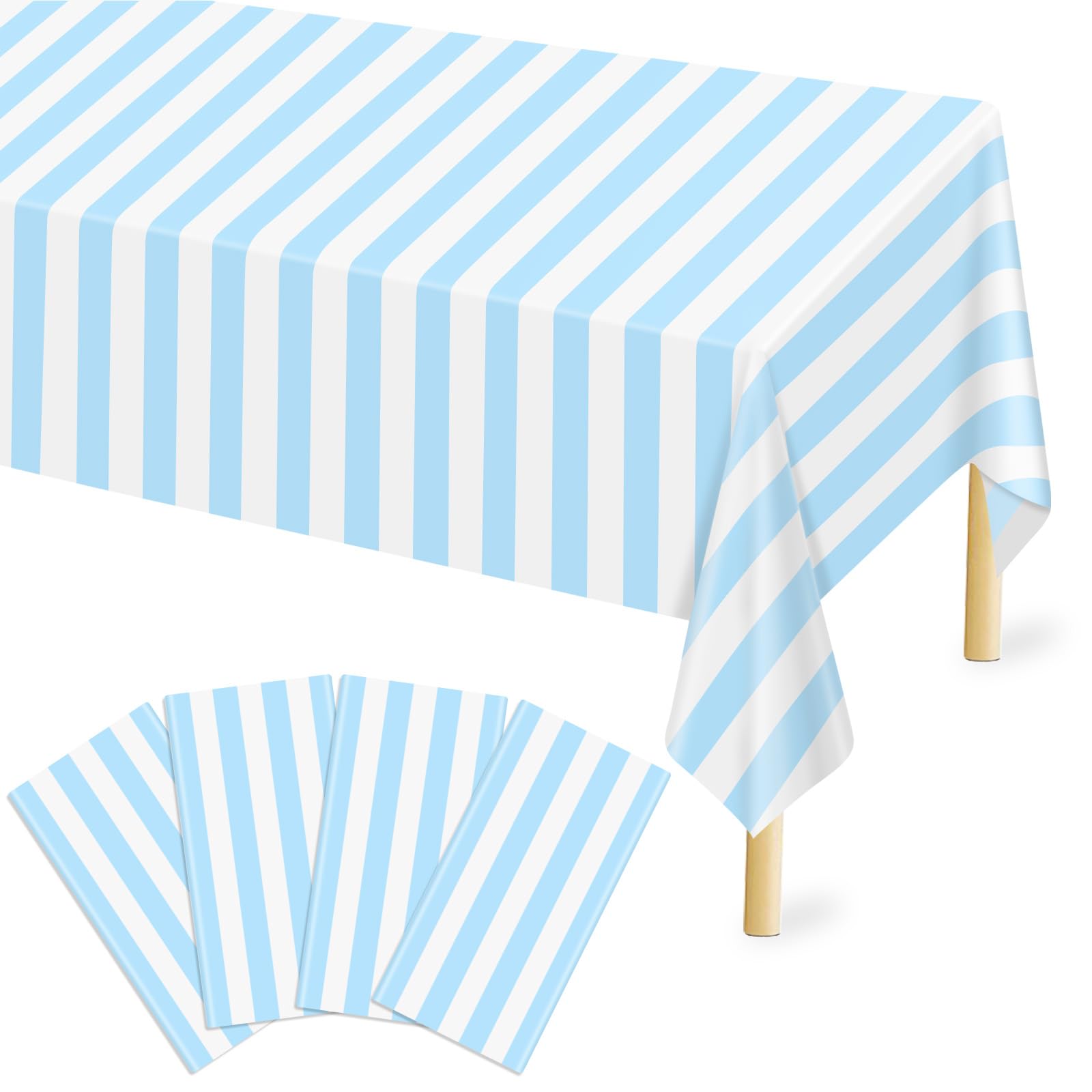 Mulbozy Plastic Table Cloth Disposable 4 Pack, 54    108 Inch Light Blue and White Stripe Tablecloths, Red Plastic Table Cover f