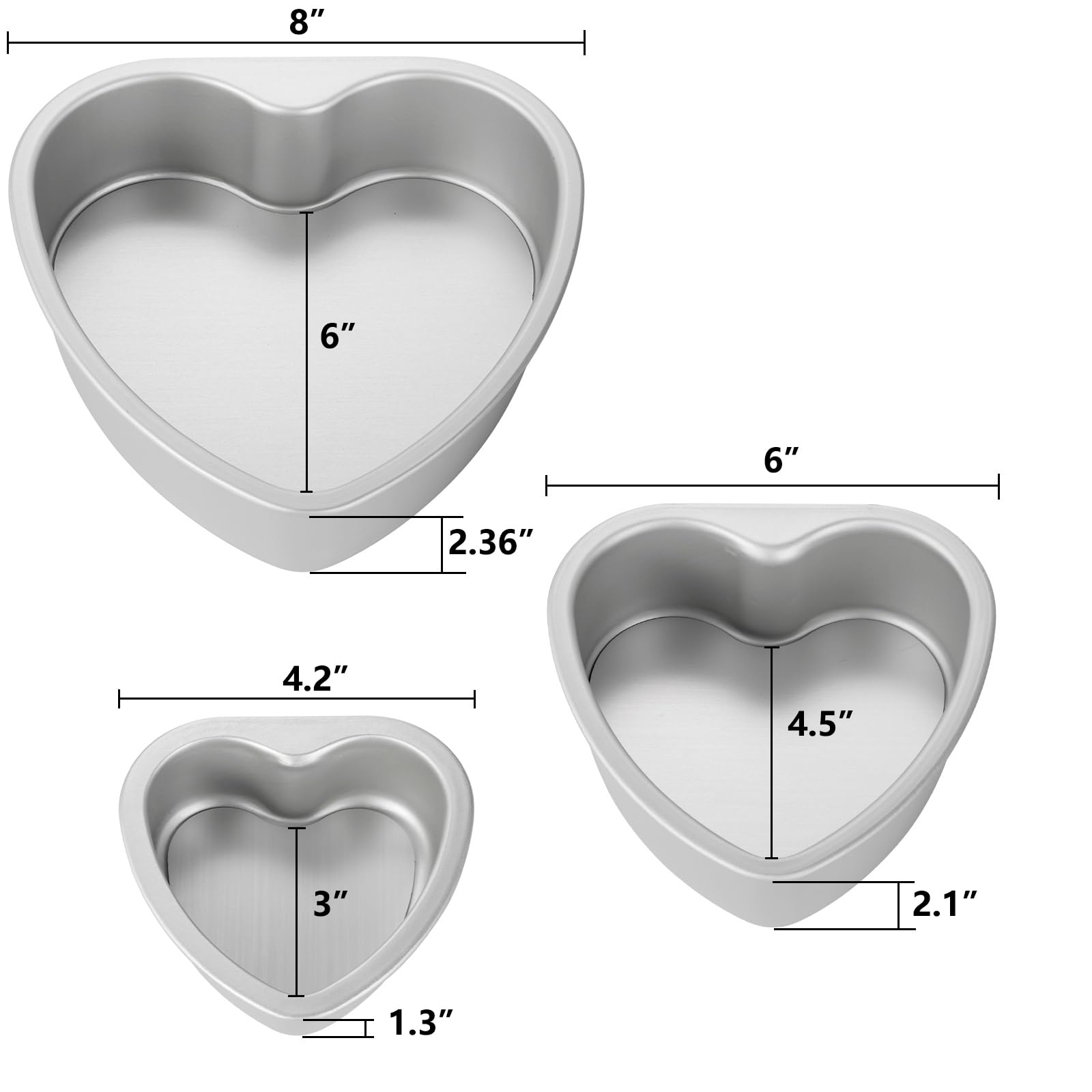 Youeon 3 Pcs Aluminum Heart Shaped Cake Pans With Removable Bottom, 4/6/8/ Inch Nonstick Heart Cake Pan Baking Molds, Cheesecake
