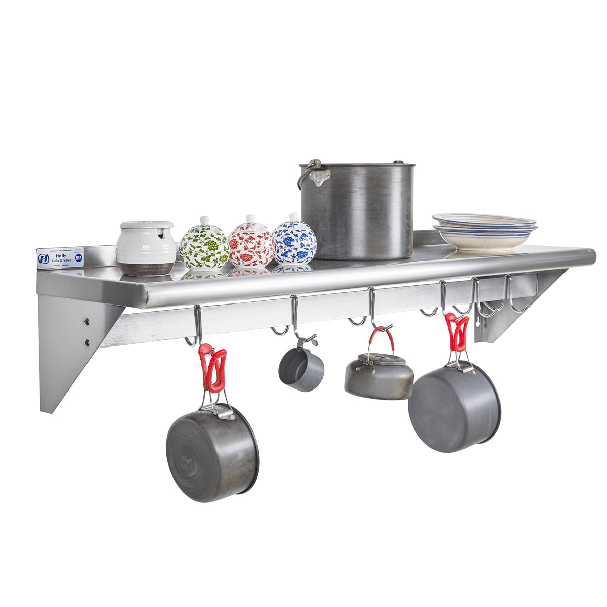 Hally Stainless Steel Shelf With 6 Hooks 12'' X 48'' Wall Mounted Pot Rack, Nsf Commercial Floating Shelving For Storage Hanging