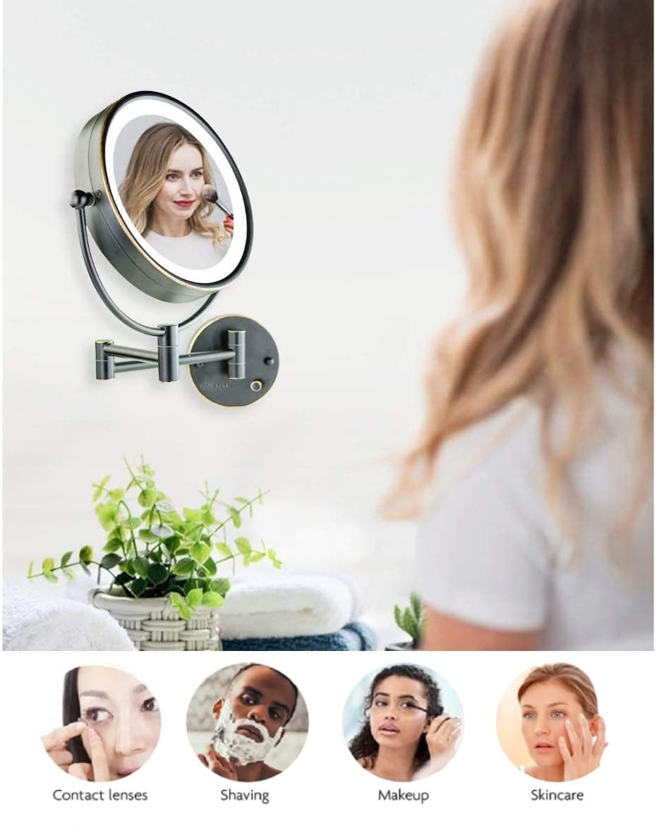 Ovente 9'' Lighted Wall Mount Makeup Mirror - 1X/ 7X Magnifier, Hardwired Glow Cosmetic Light Mirror, Spinning 360-Degree, Doubl