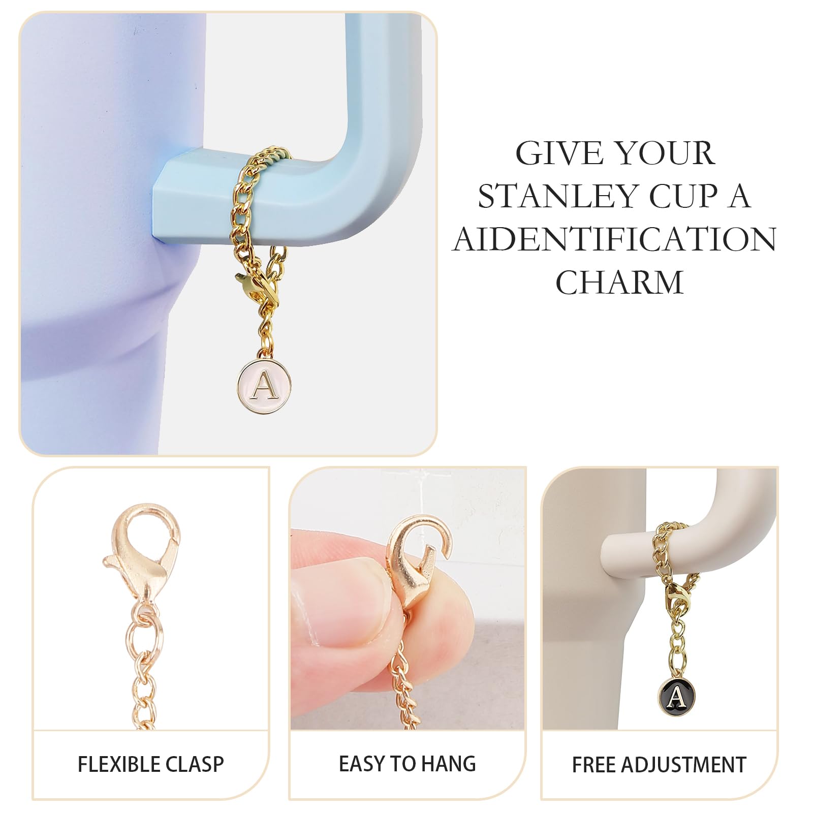 Ekarley Letter Charm Accessories For Stanley Cup, 3Pcs Initial Chain Water Bottle Handle Name Id Charm For Tumbler Cups-M