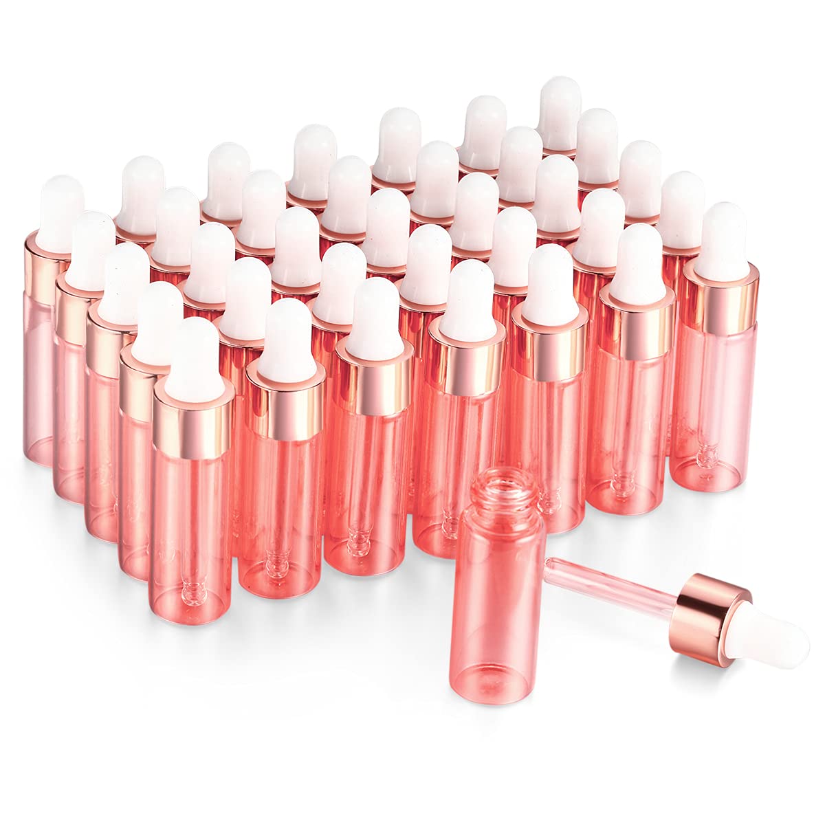 Furnido 35 Pack,1/6 oz(5ml) Pink Essential Oils Dropper Bottle,Empty Glass Sample Vials with Glass Tube,RoseGolden Caps For Tra