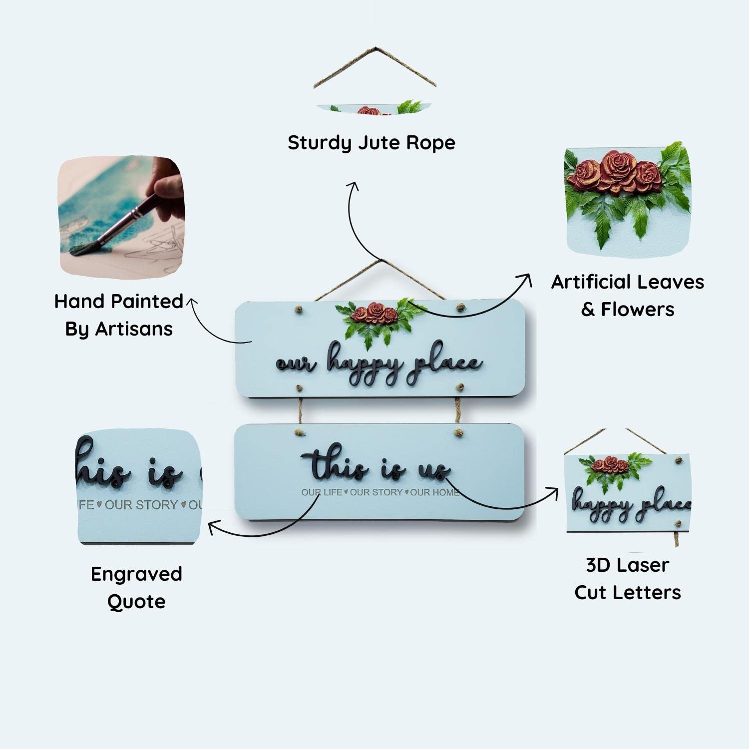 Chalk My Theme Our Happy Place Wooden Wall Hanging Hanger For Living Room, Bedroom, Gift, And Entrance-Blue