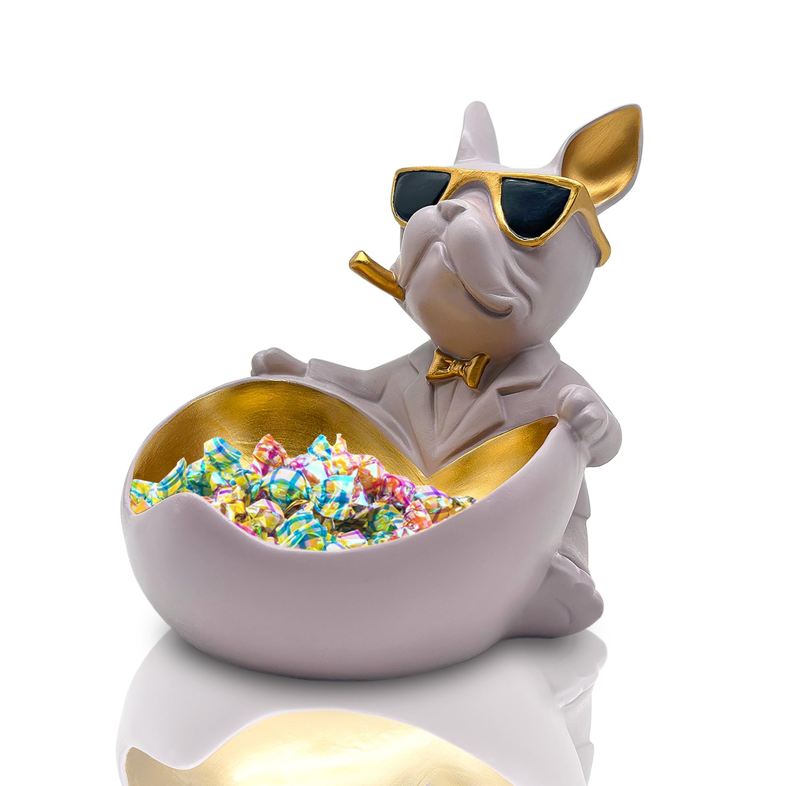 Huhote Bulldog Candy Bowl Decor, Heart-shaped Key Holder Bowl Candy Dish, Bulldog Accessories, Resin Bulldog Statue for Office D