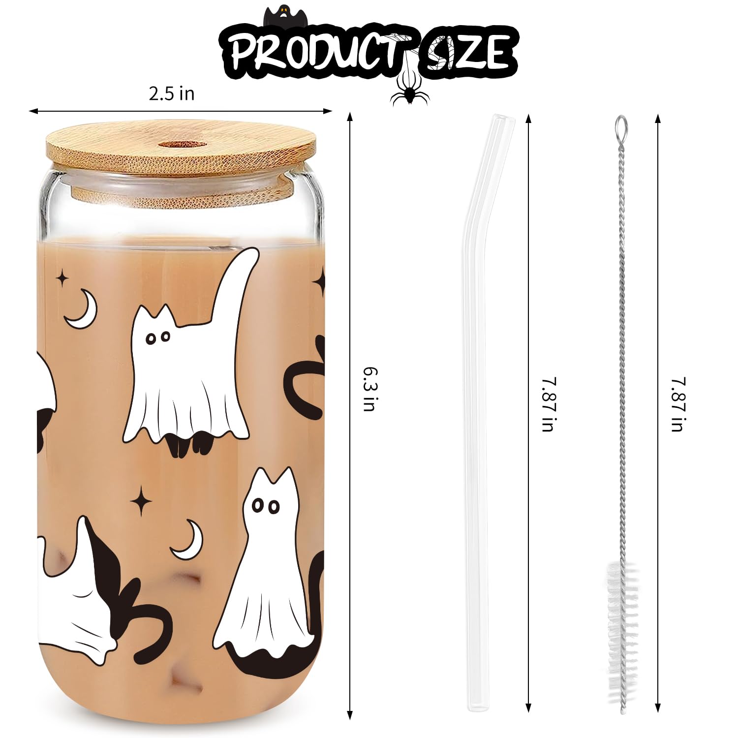 UAREHIBY Halloween Ghost Cat Iced Coffee Cup, Cute Cat Gifts for Women, 18oz Spooky Coffee Glass Cup W/Lids and Straws, Boo Bask