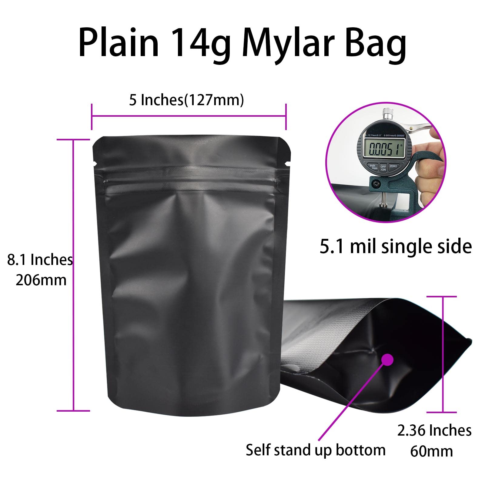 100 Pack Mylar Bag 14 Gram,51 Mil Thickness Smell Proof Bag,Stand-Up Packaging Pouch,Resealable Ziplock Foil Food Storage Baggie