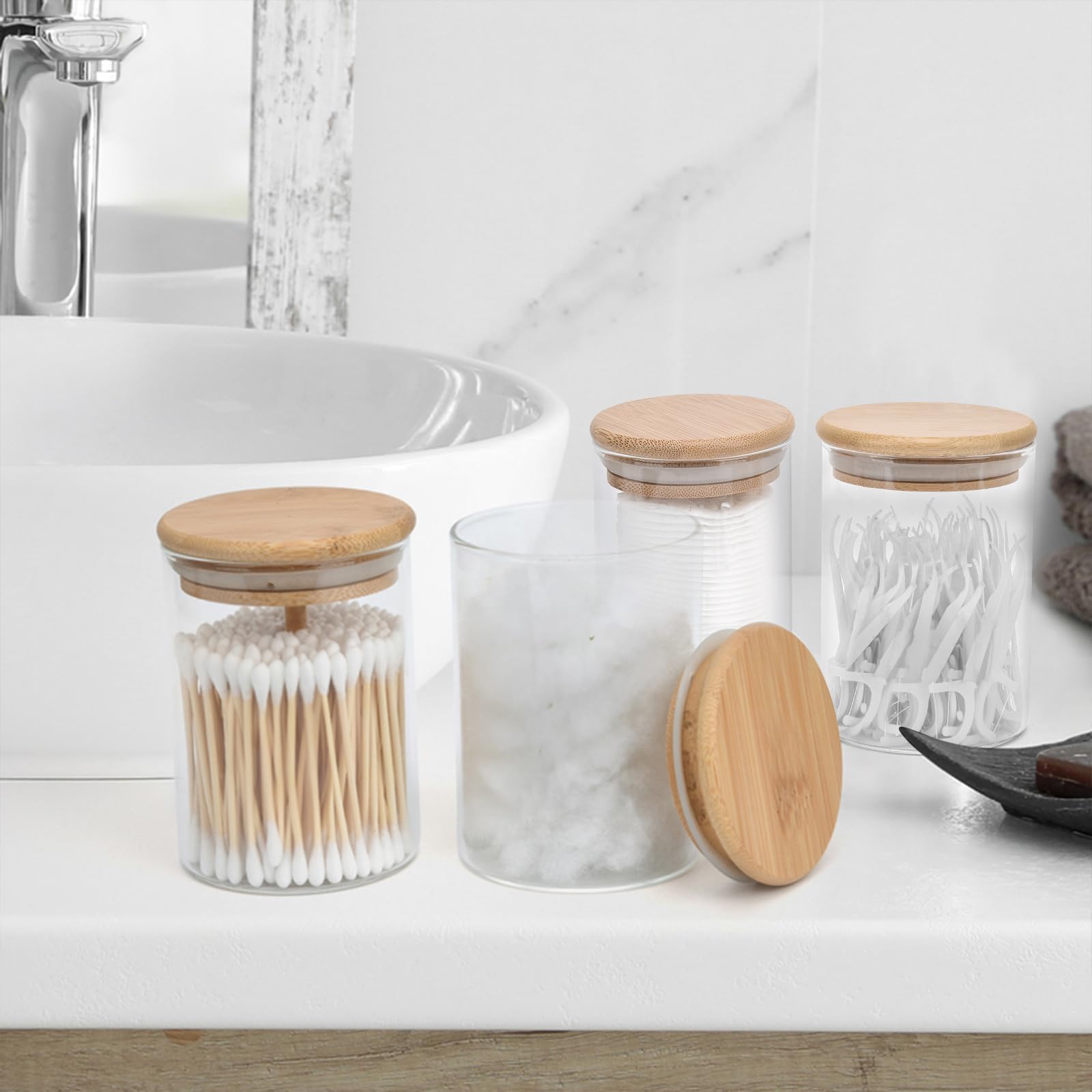 Bkyfpq 4 Pack Glass Qtip Holder Dispenser Apothecary Jars With Lids, Cotton Ball Pad Round Swab Holder For Bathroom Accessories