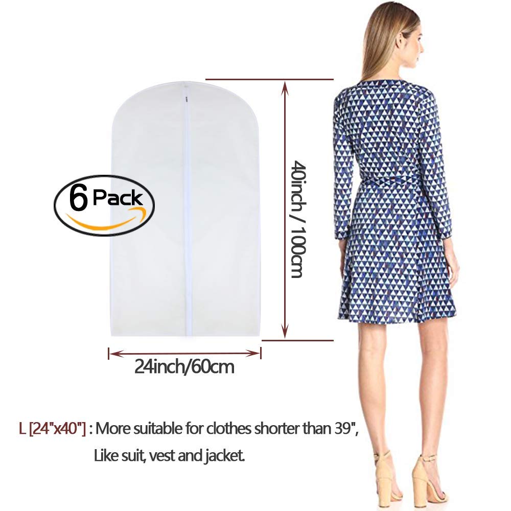 garment Bag clear 24 x 40 Suit Bag Moth Proof garment Bags White Breathable Full Zipper Dust cover for Suit Dance clothes closet Pack of 6