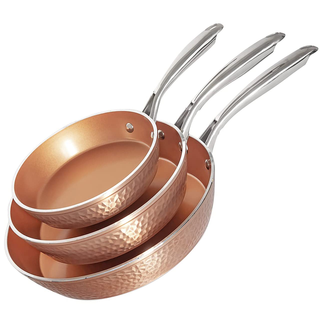 Gotham Steel Hammered Frying Pan Set, 3 Piece Nonstick Copper Fry Pans, 8   , 10    & 12    Skillet, Omelet Pan, Cookware, PFOA 