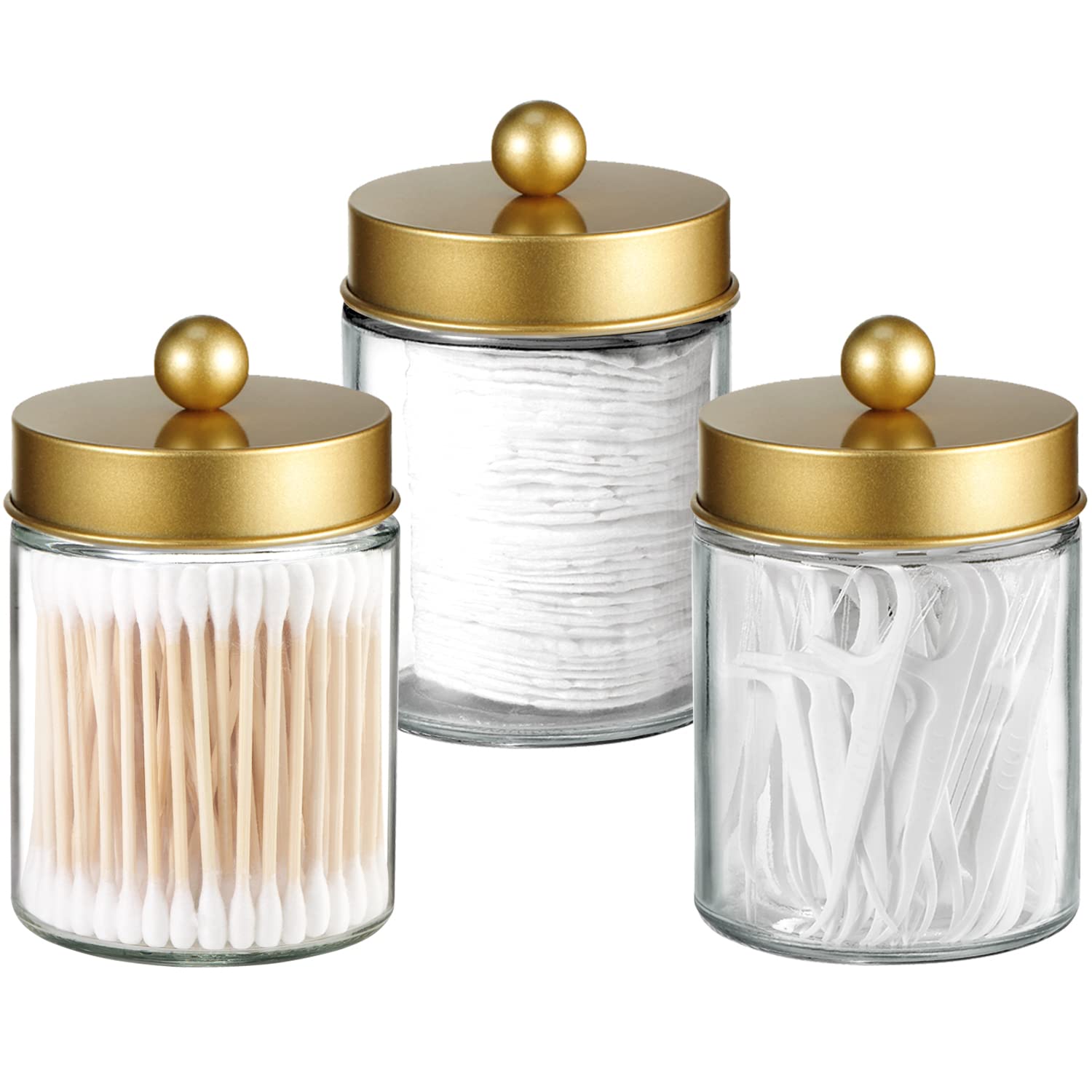 Apothecary Jar Canisters Bathroom Vanity Organizer - Qtip Holder Storage Organizer Countertop Canister-Stainless Steel Lids &Cut
