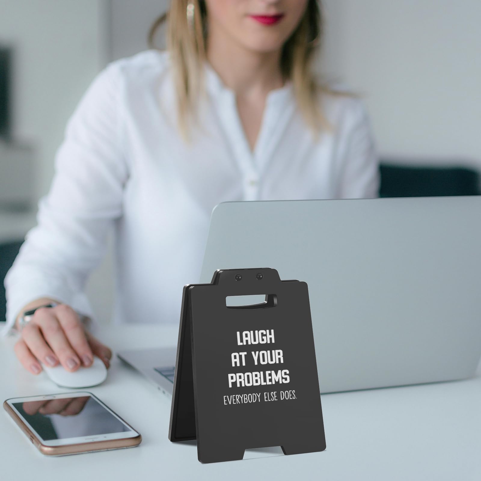 Funny Desk Sign - Laugh at Your Problems, Everybody Else Does - Sarcastic CubicleDecor - Humorous Office Desk Accessories for Wo