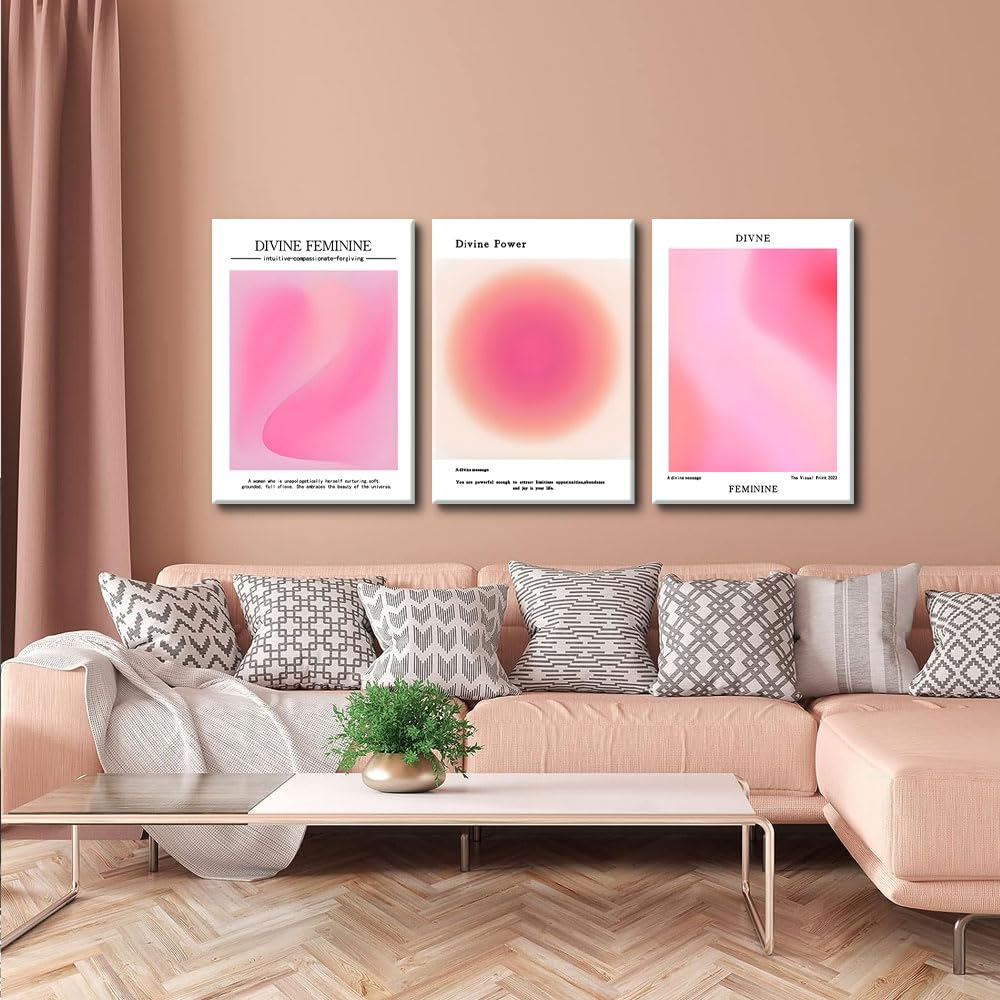 Trendy Aesthetic Canvas Wall Art Aesthetic Set Of 3 | Pink Gradient Aura Angel Posters Prints Room Decor | Pink Wall Art Decor F