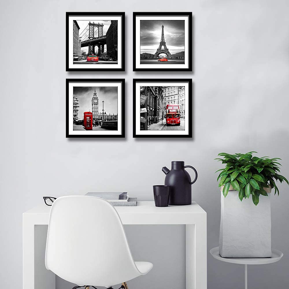 Englant 4 Pieces Framed Canvas Wall Art, Black White And Red Wall Decor Landscape Poster With Eiffel Tower, Brooklyn Bridge, Lon