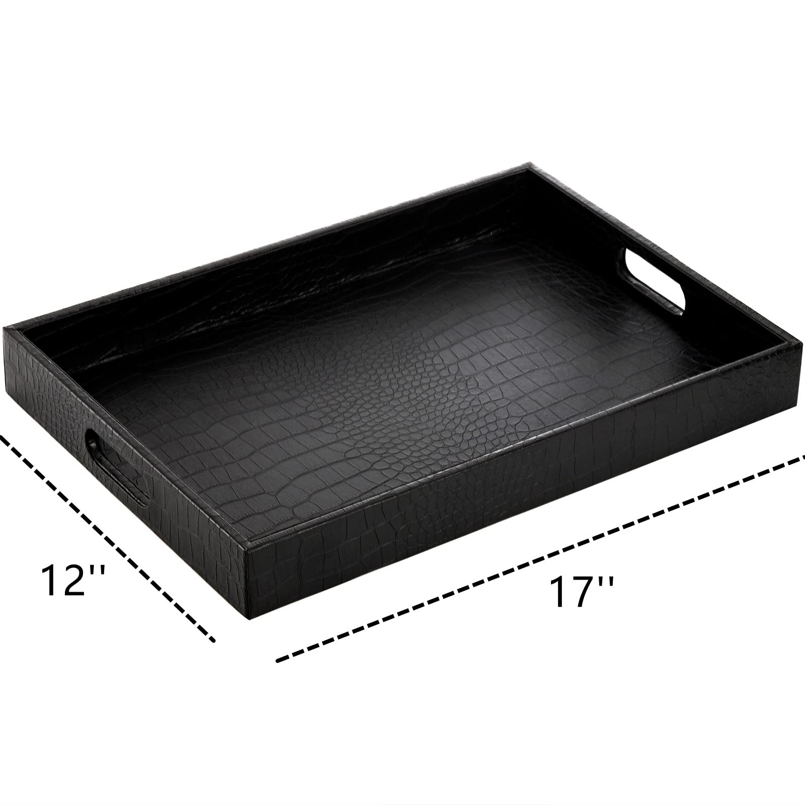 Lyellfe Black Serving Tray For Coffee Table, Decorative Ottoman Tray With Handles, 17X12 Inch Rectangular Alligator Faux Leather