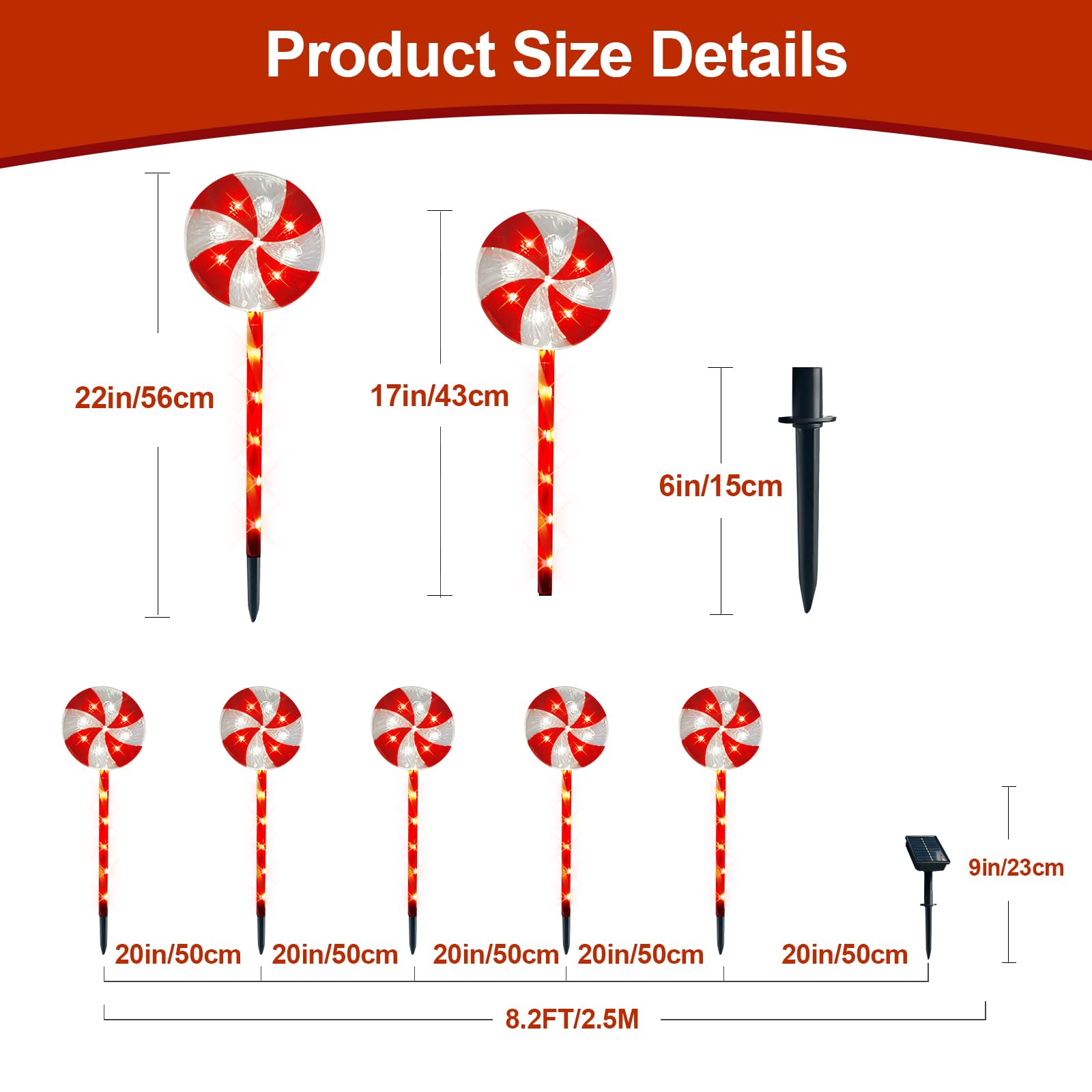 23-Inch Solar Pathway Lights Outdoor, Set of 5 Solar Outdoor Christmas Decorations - Lollipop Christmas Decorations with 8 Modes