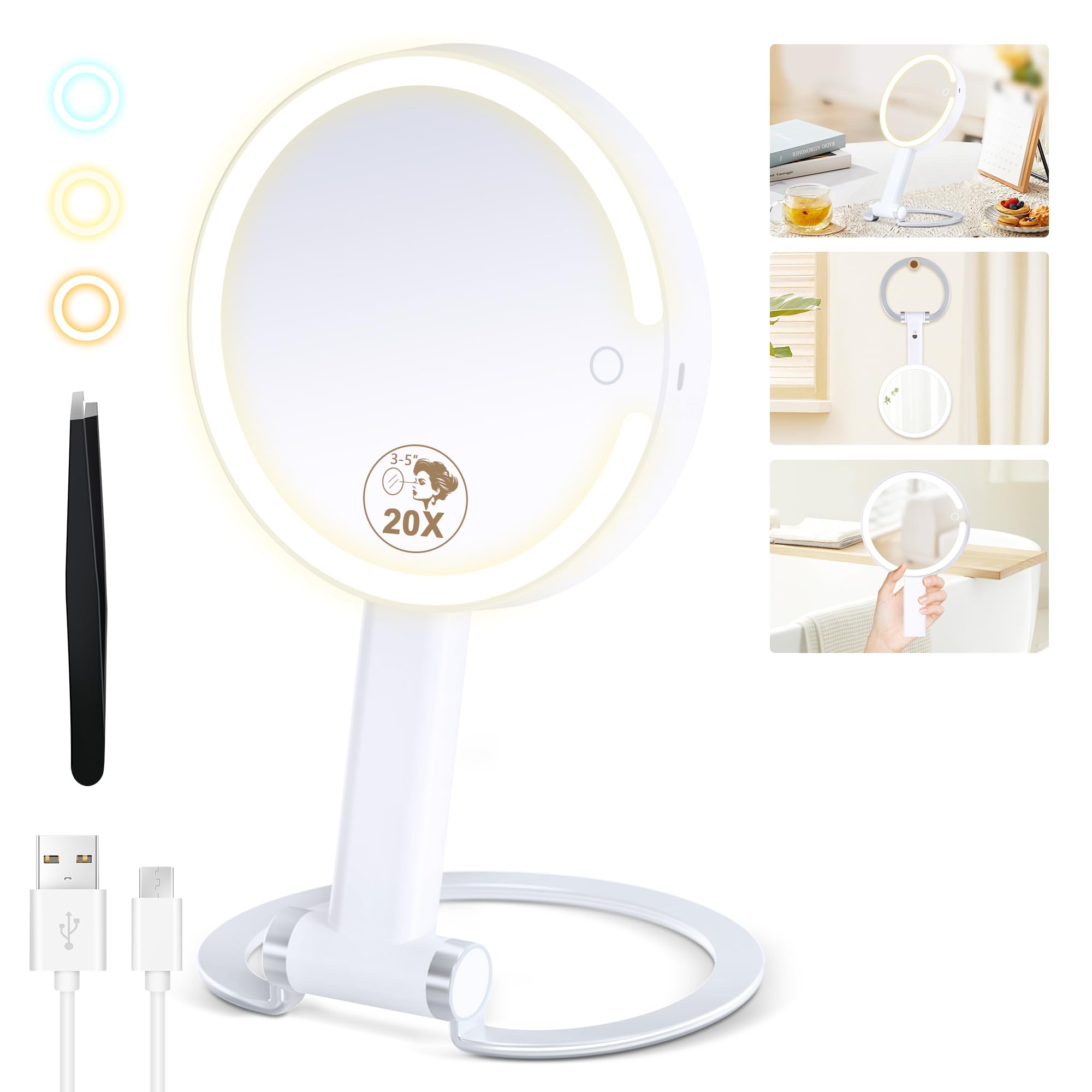 Momokuba Magnifying Mirror With Light 20X/1X, Lighted Makeup Mirror With Magnification, Make Up Mirrors Stand Up Double Sided, M