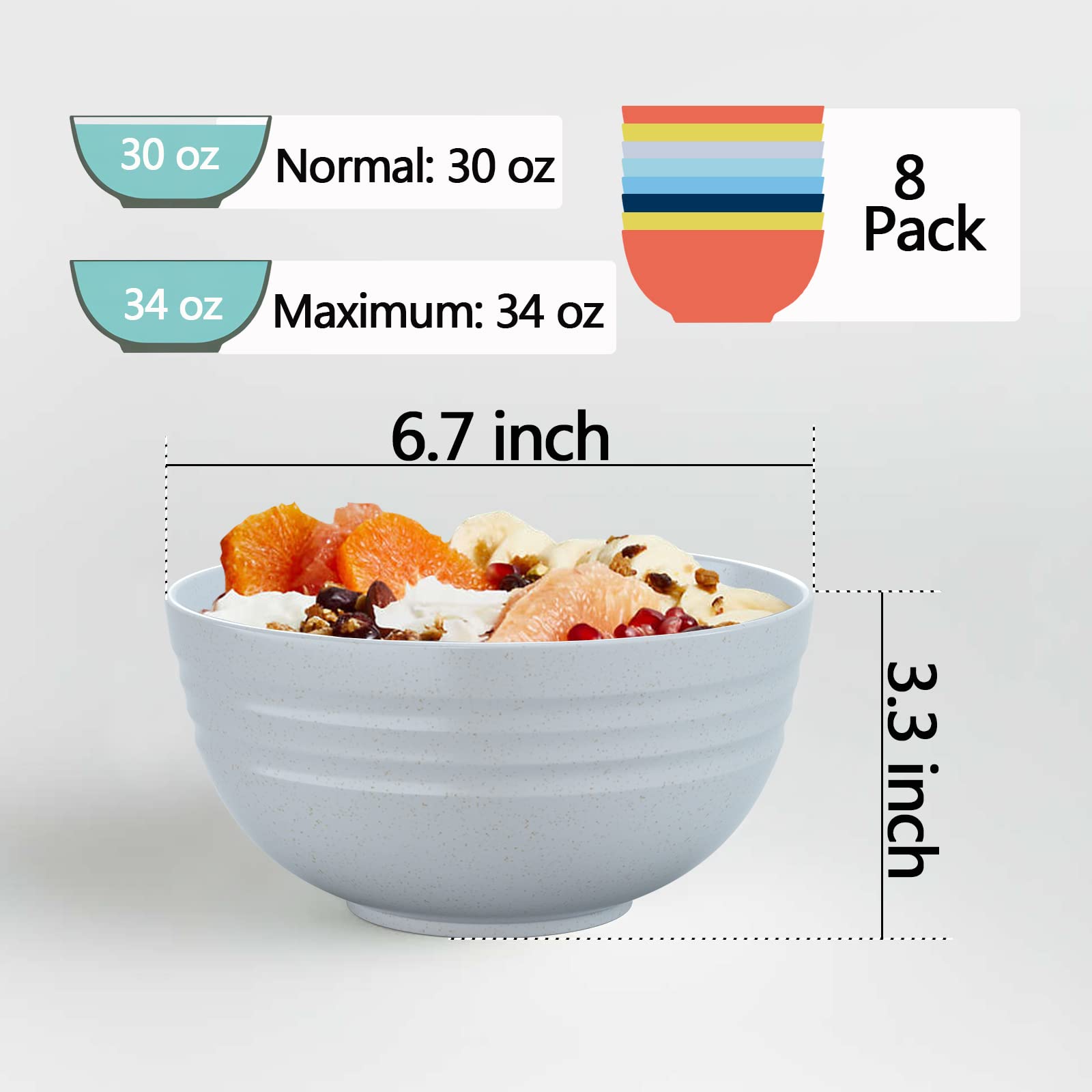 Homestockplus 34 Oz Large Soup Bowls, 8 Pieces Deep Cereal Bowls, Unbreakable Color Kitchen Bowl For Oatmeal, Ramen, Dessert, Sn