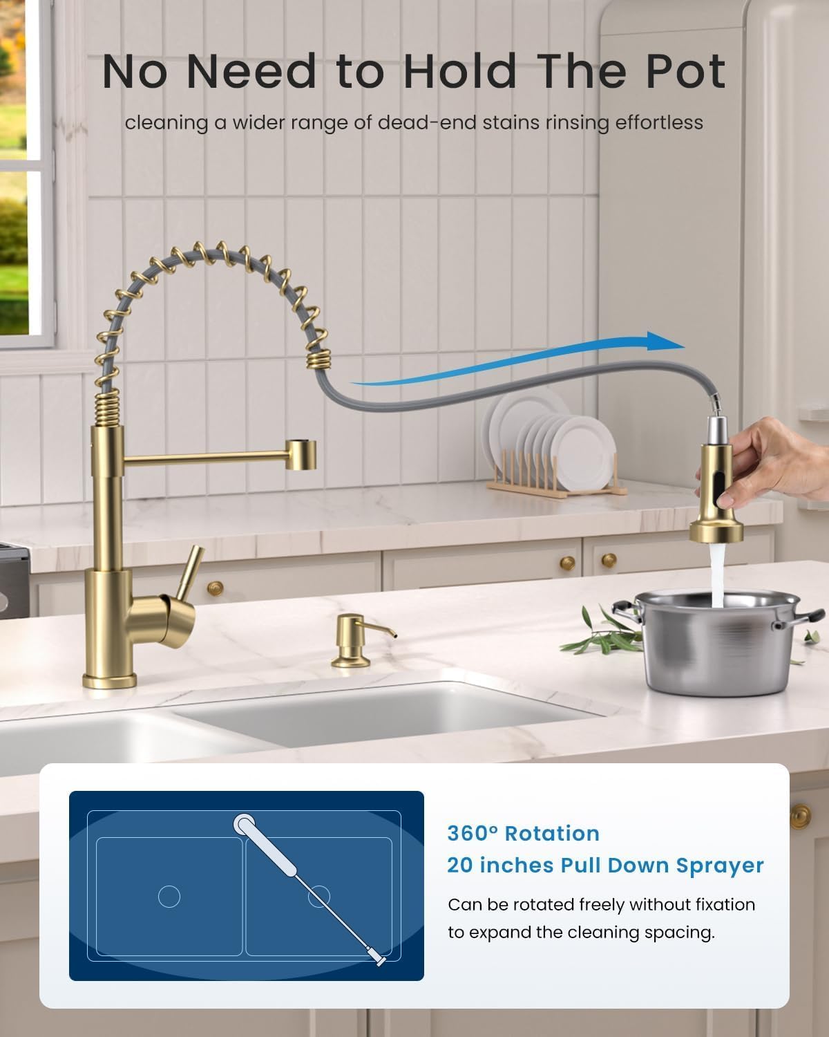 Appaso Gold Kitchen Faucet, Brushed Gold Kitchen Faucet With Pull Down Sprayer And Soap Dispenser, Commercial Kitchen Sink Fauce