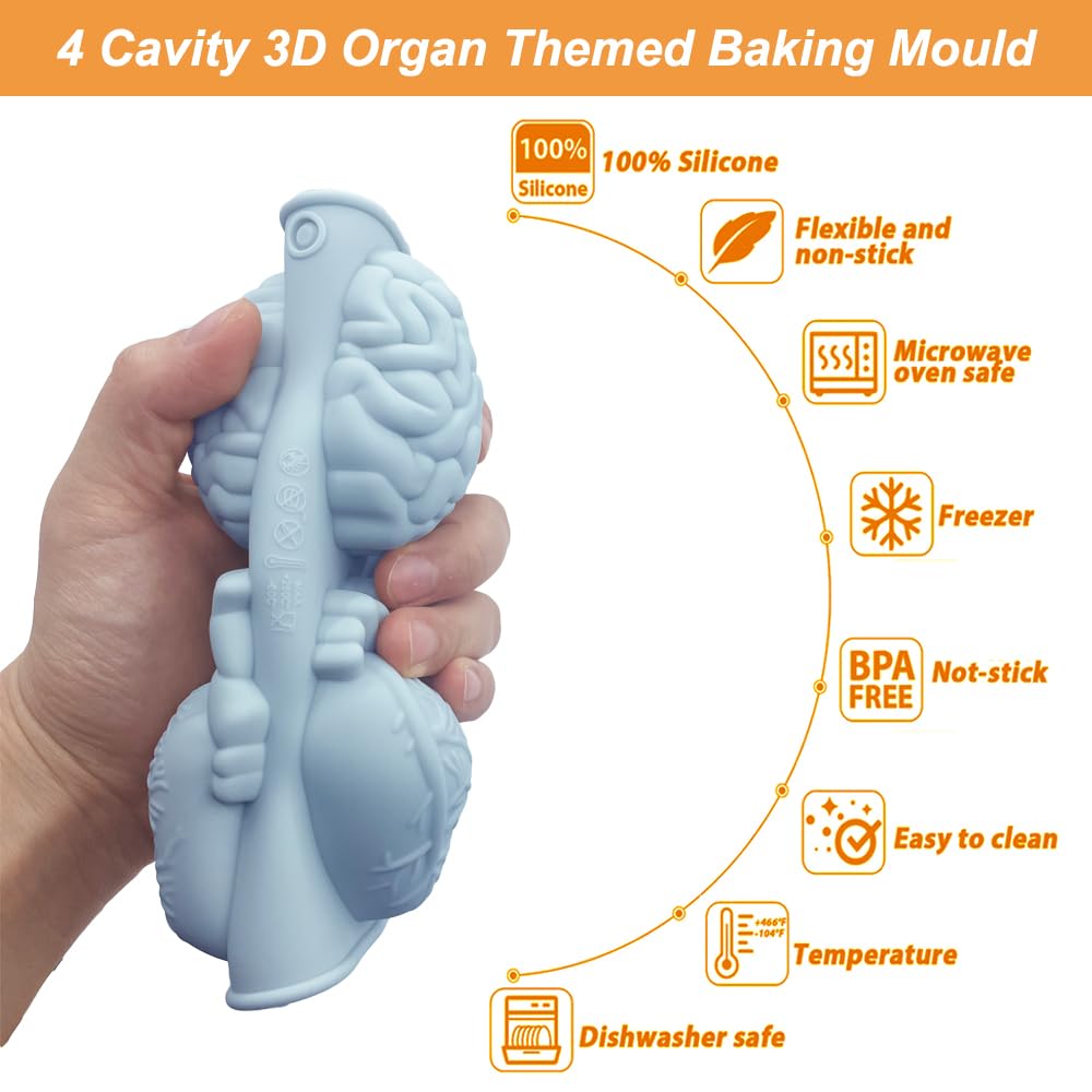 3D Human Brain Heart Silicone Molds, 2 Pack Realistic Halloween Organ Shapes Silicone Muffin Molds For Chocolate Pudding Dessert