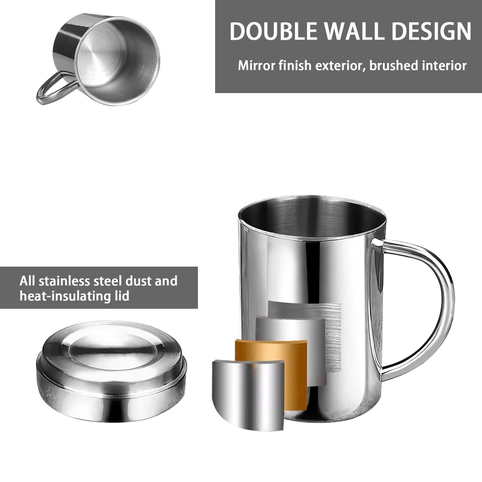 Dashther 13.5 Oz Stainless Steel Double-Walled Metal Mugs - Insulated Coffee & Tea Cup With Lid And Handle For Camping And Every