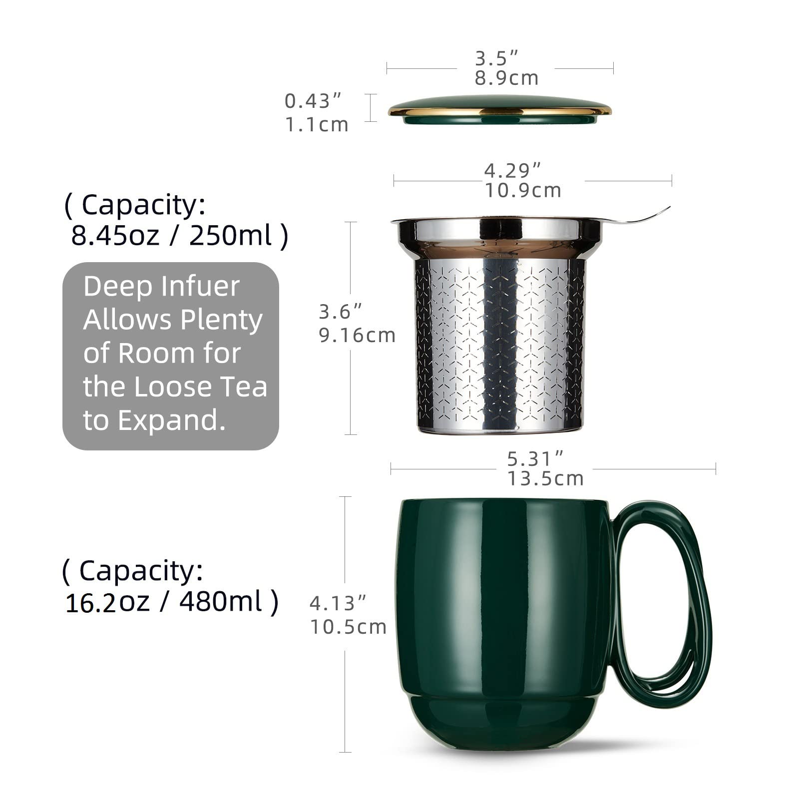 Zens Tea Cup With Infuser And Lid, 16 Ounces Entwined Handle Loose Leaf Tea Steeper Mug With Gold Trim Lid For Tea Gift/Dark Gre