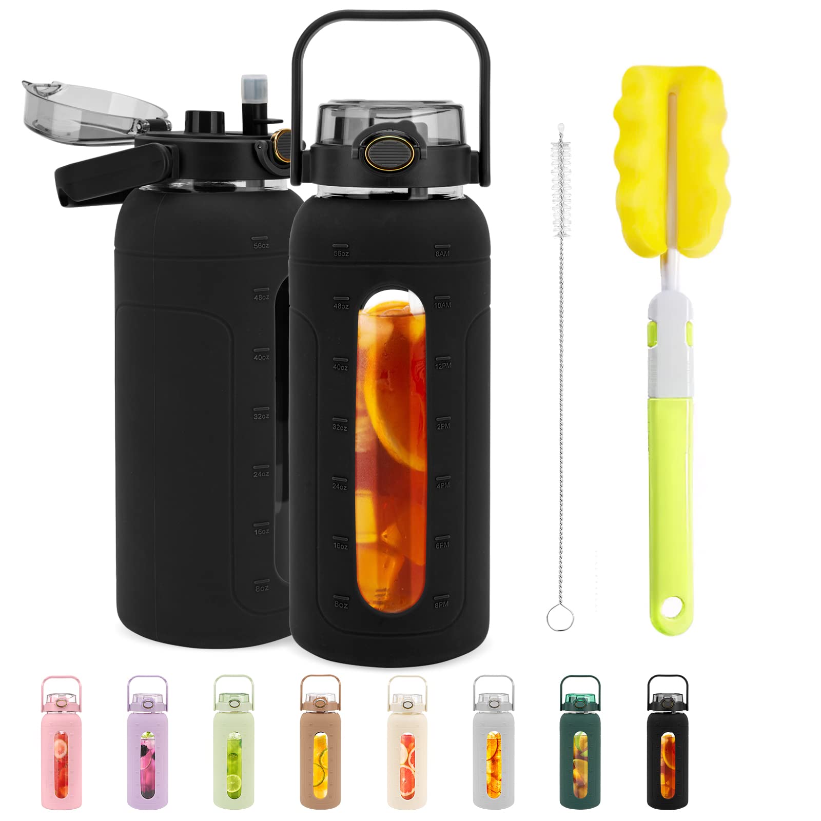 Tronco 64oz Glass Water Bottle with Straw Lid and Time Marker, Half Gallon Large Motivational Water Bottle with Silicone Sleeve,