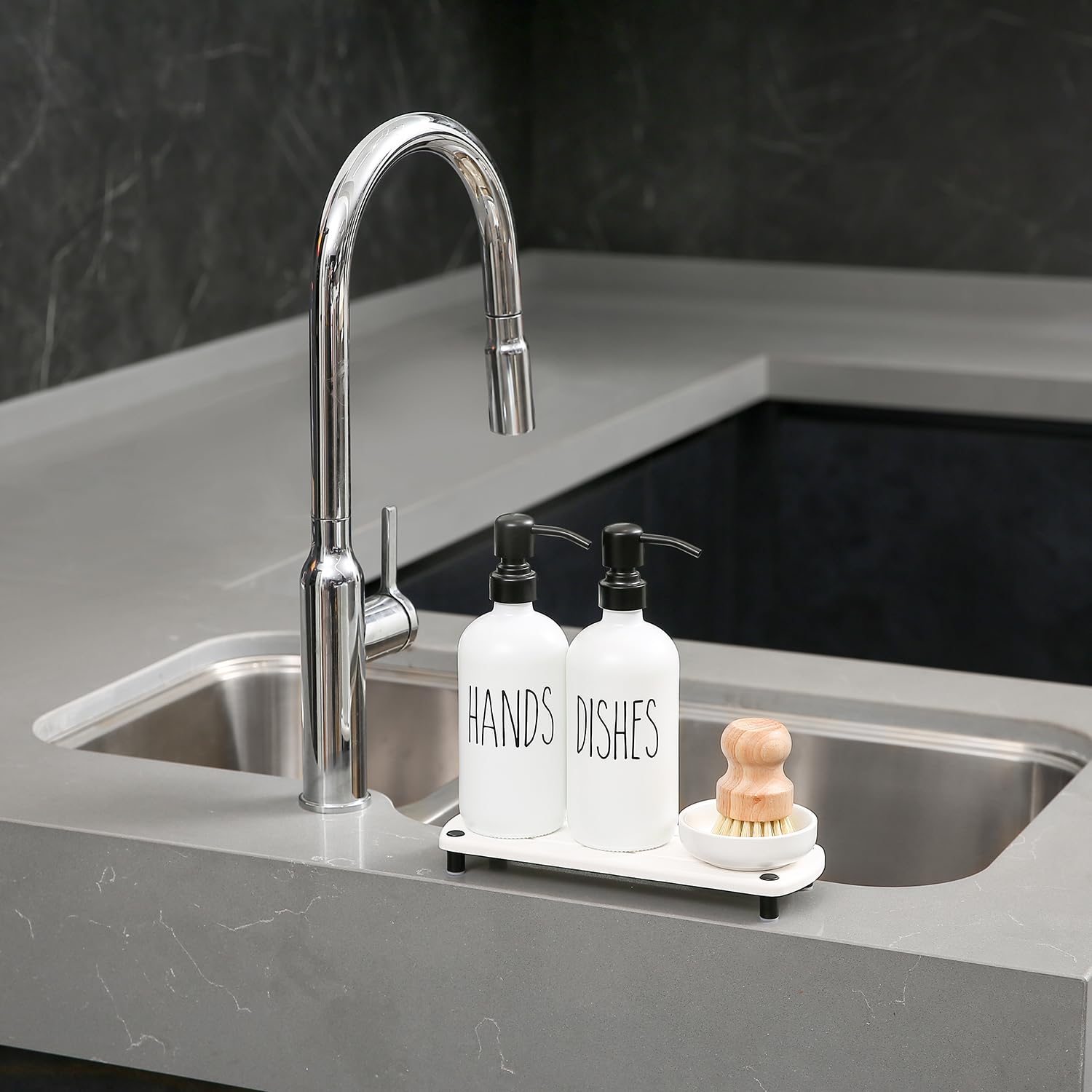 Momeemo White Soap Dispenser Set Comes With Stainless Steel Pumps, Instant Dry Tray, And Dish Scrub Brush, Suitable For Kitchen