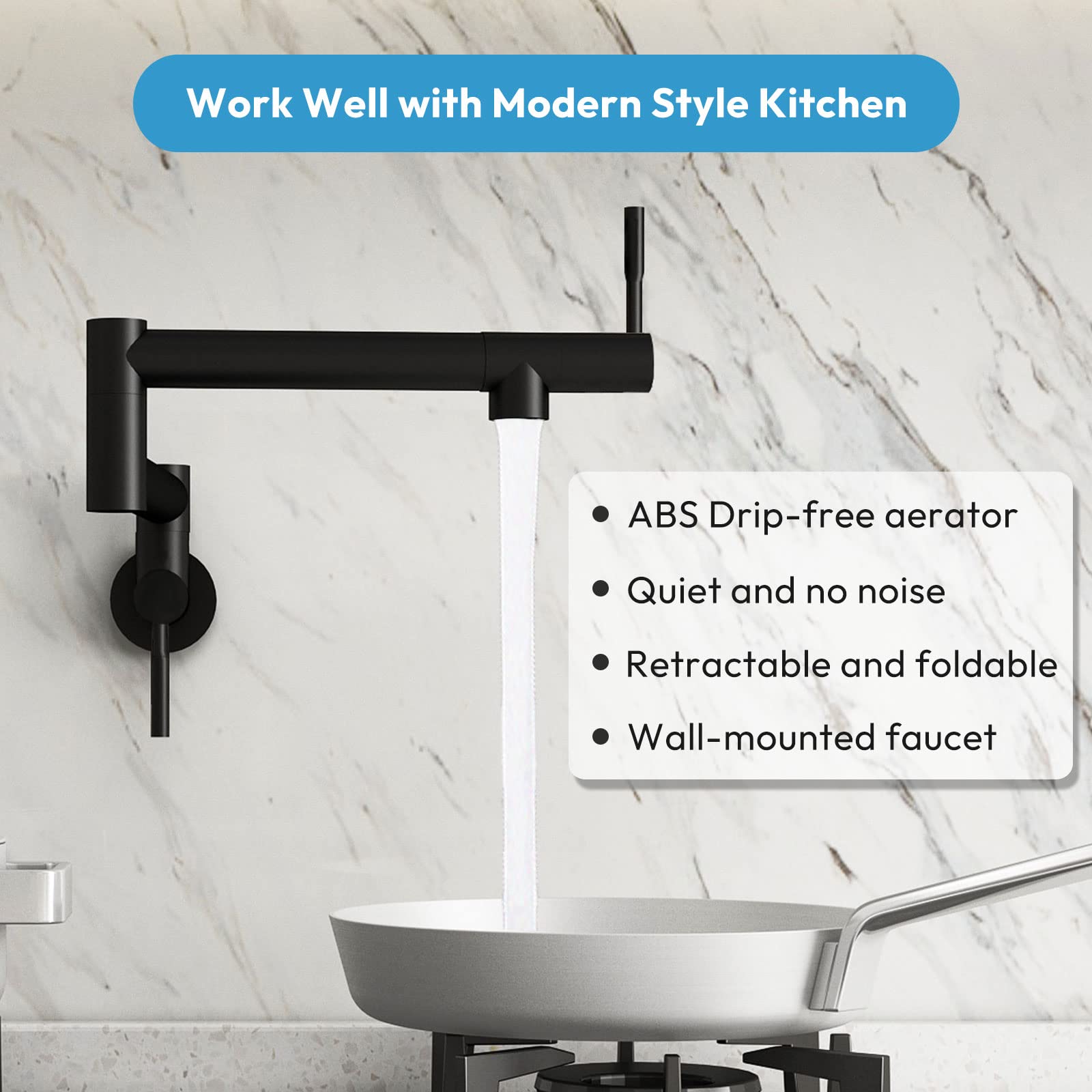 Besdor Pot Filler Faucet Stainless Steel Matte Black Pot Filler Faucet Wall Mount With Double Joint Swing Arms, Single Hole Two