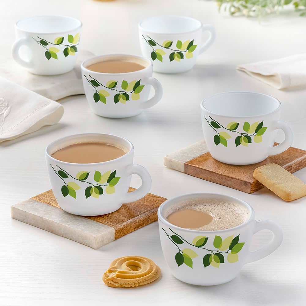 Larah by Borosil Silk Series Opalware Green Leaves Cup Set, 140ml, 6 Pieces, White