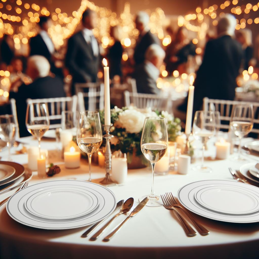 Party Essentials 70-Count Hard Plastic 6'' Divine Dinnerware Disposable China Bread And Butter/Appetizer Plates, White With Silv