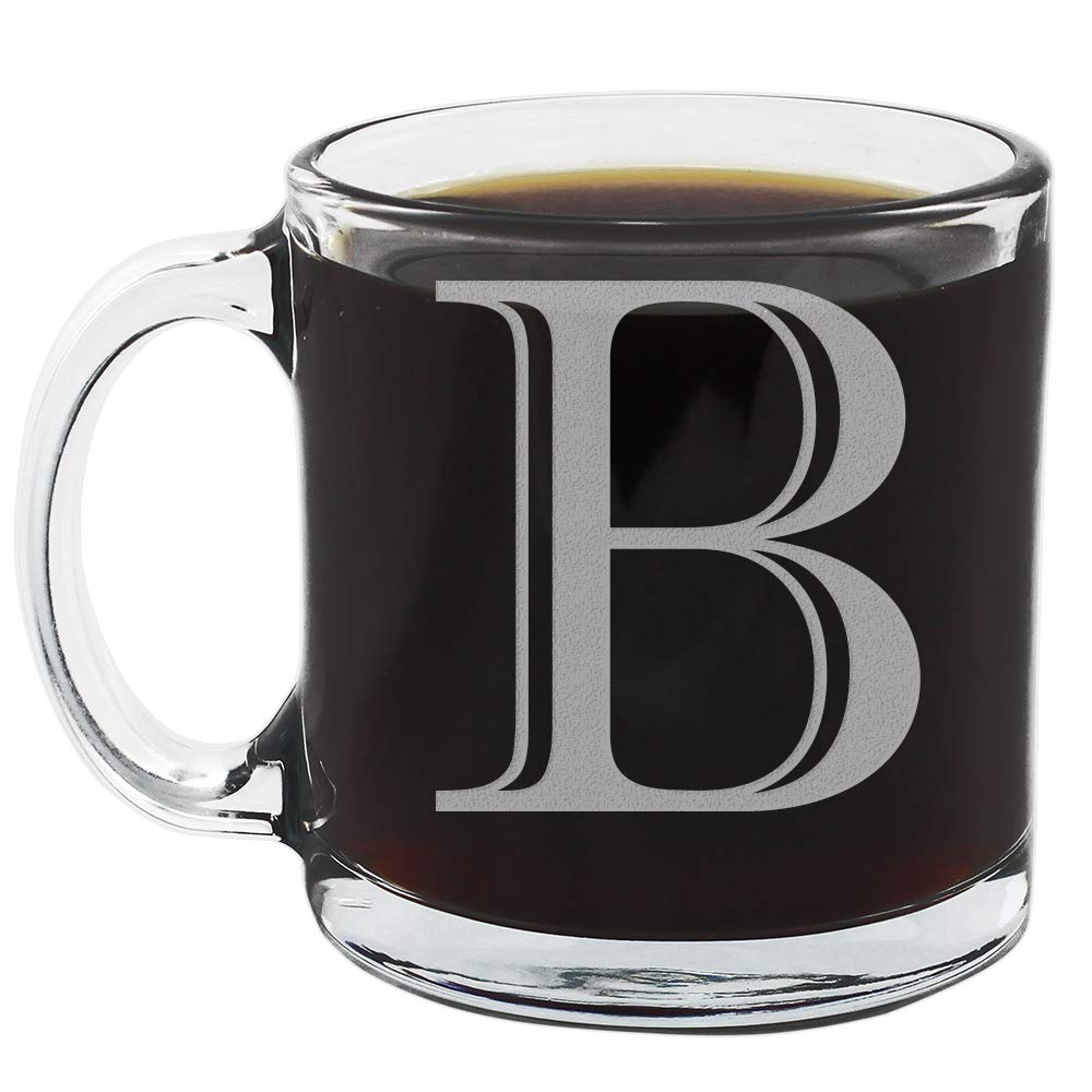 Spotted Dog Company Etched Monogram 12Oz Clear Glass Coffee Mug (Letter B), A-Z Customized Coffee Gifts For Coffee Lovers, Custo