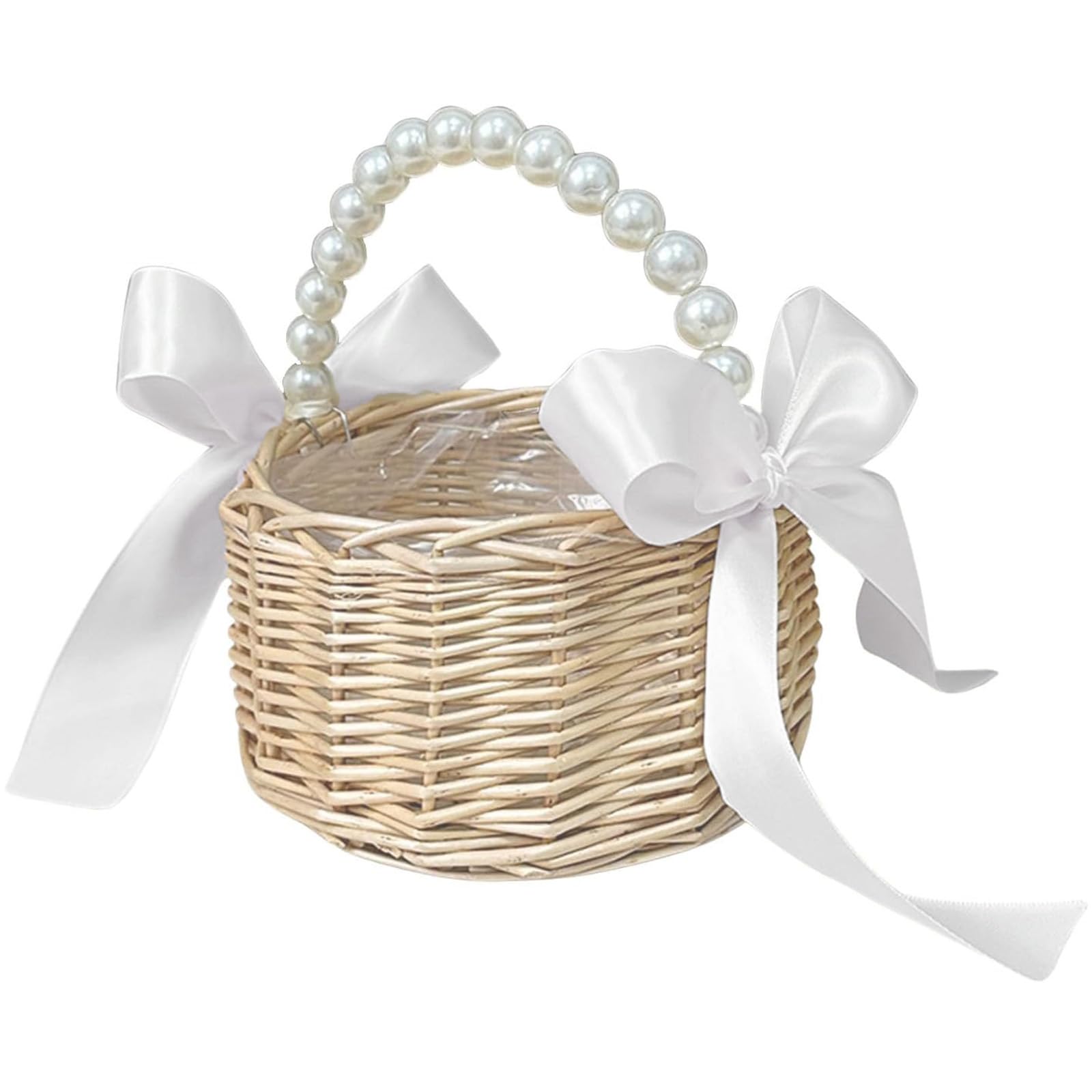 Flower Girl Basket with Pearl Handle Wedding Flower Basket Cute Rattan Wicker Basket with White Ribbon Wicker Storage Basket Dec