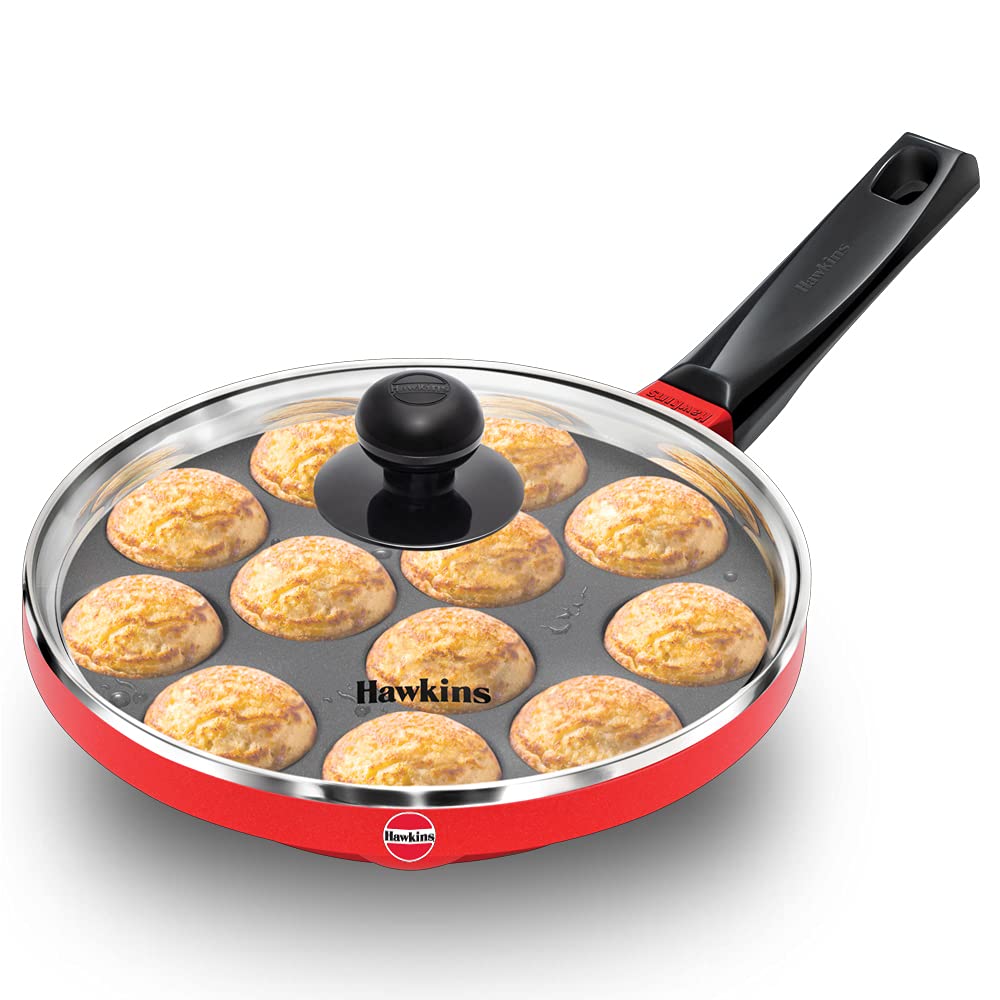 Hawkins Nonstick Appe Pan with Glass Lid, 12 Cups, Diameter 22 cm, Black, Cast Aluminium, Red